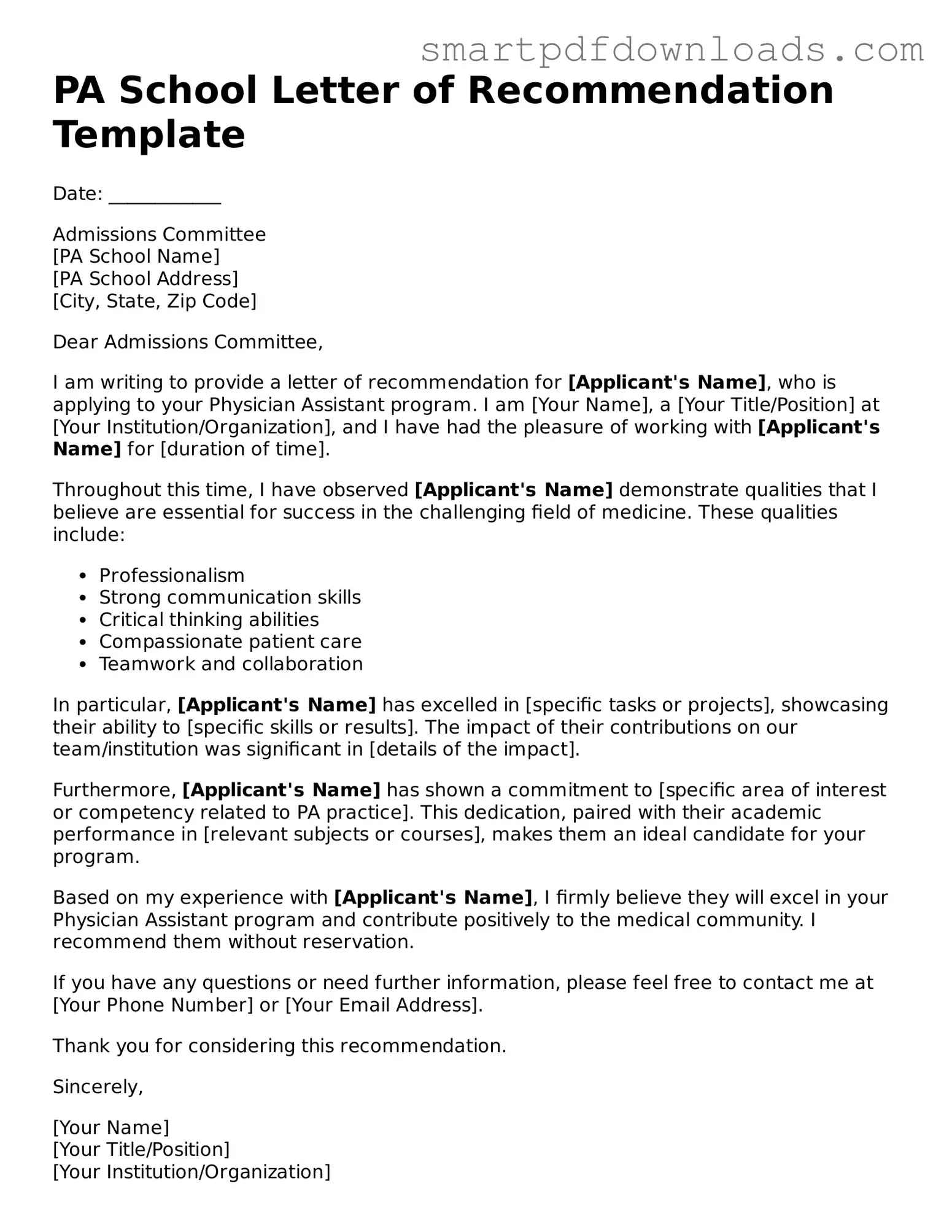Free PA School Letter of Recommendation Form