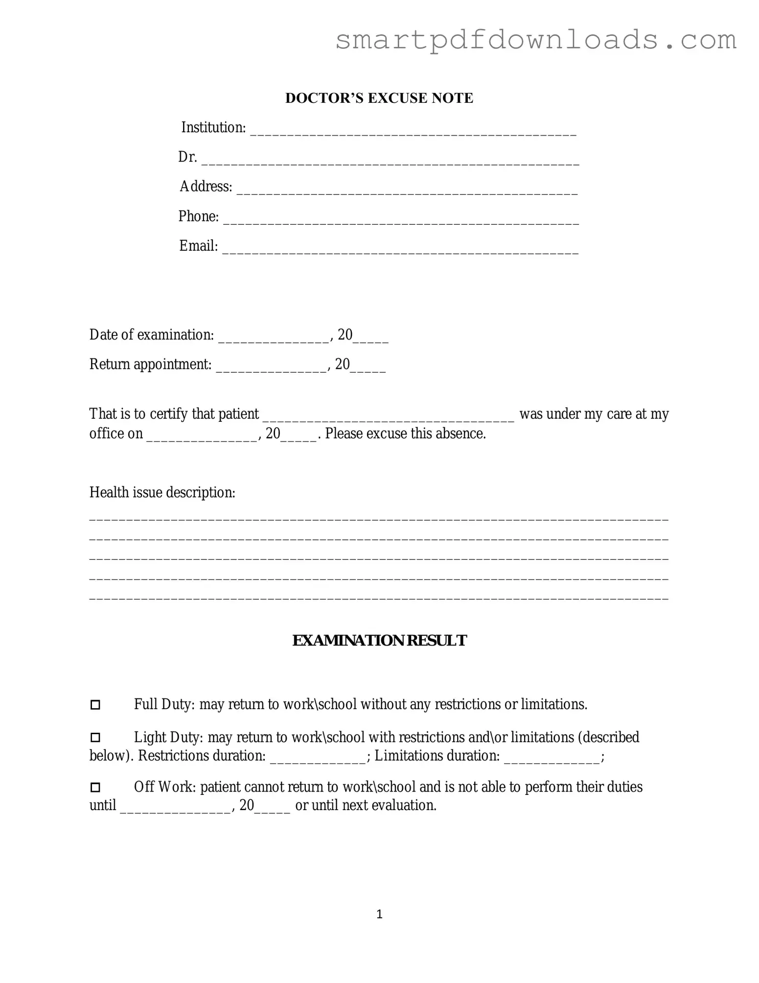 Doctors Excuse Note Form