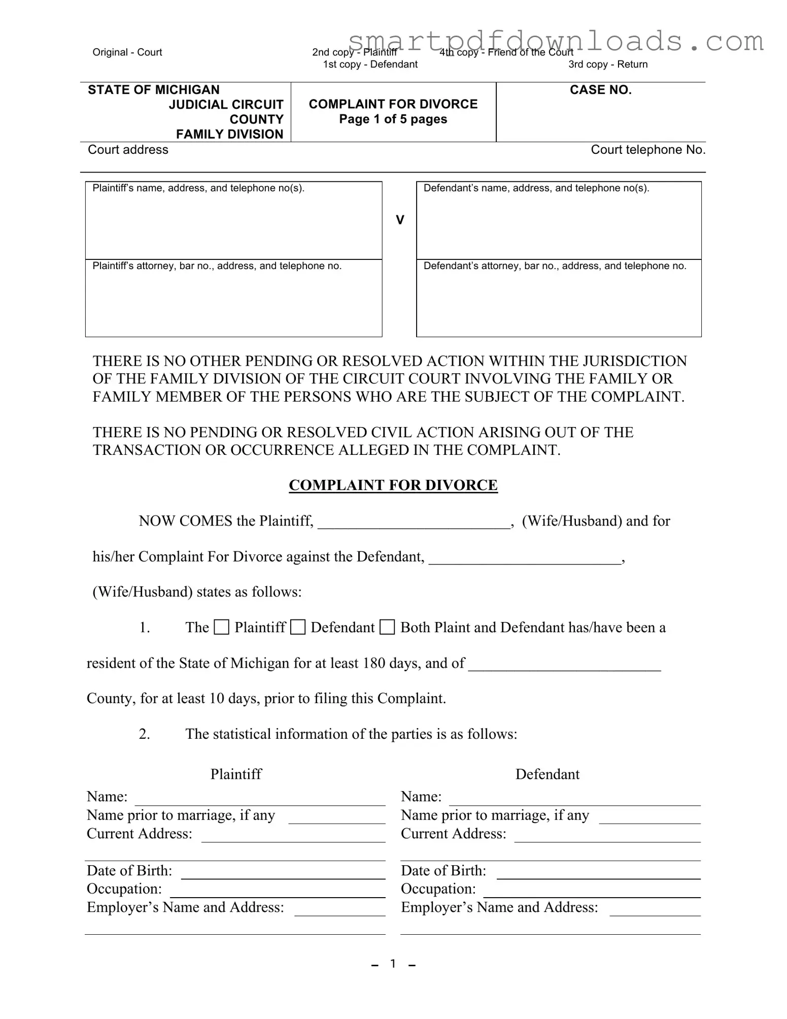 Michigan Complaint Divorce Form