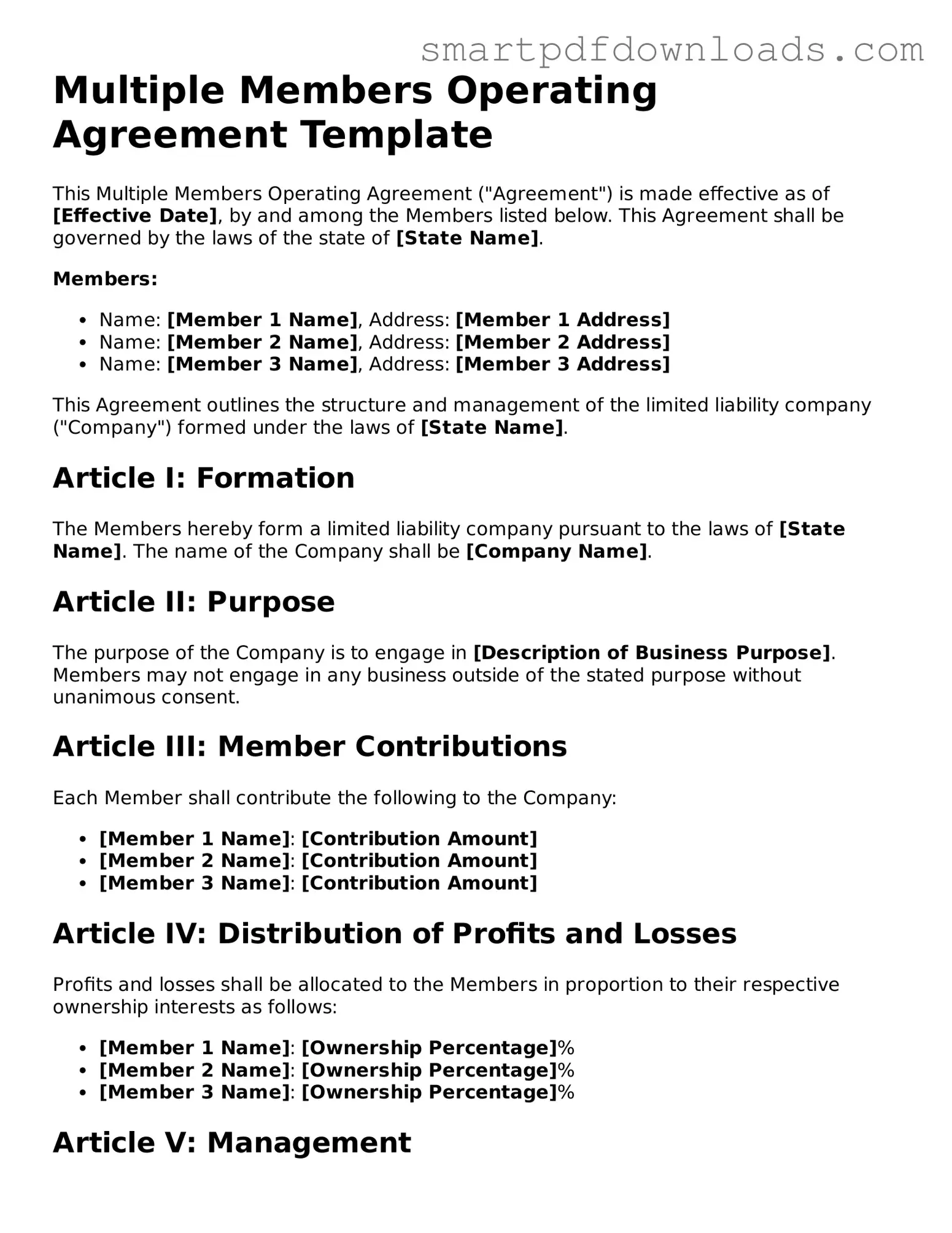 Free Multiple Members Operating Agreement Form