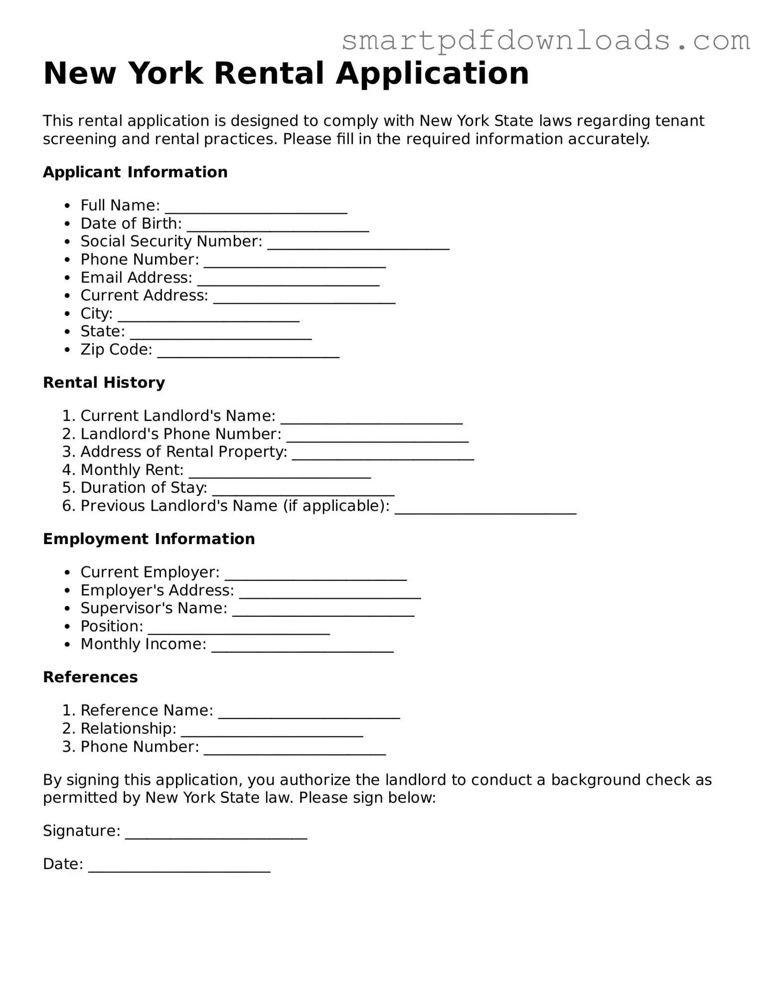 Legal Rental Application Form for the State of New York