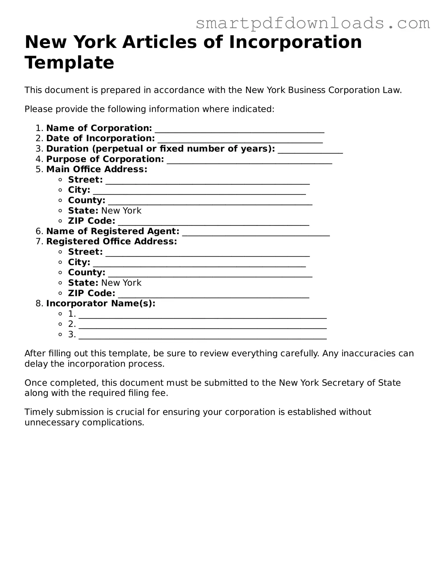 Legal Articles of Incorporation Form for the State of New York