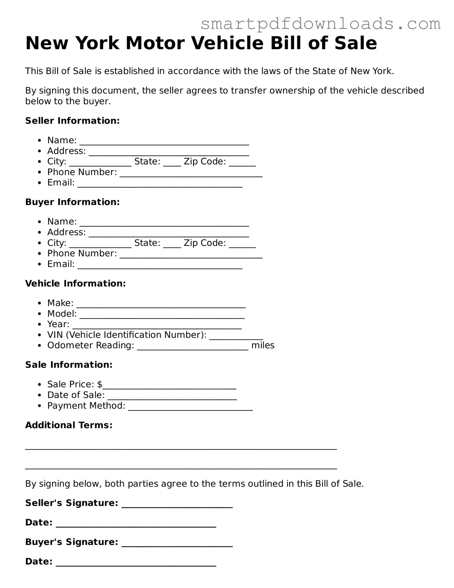 Legal Motor Vehicle Bill of Sale Form for the State of New York