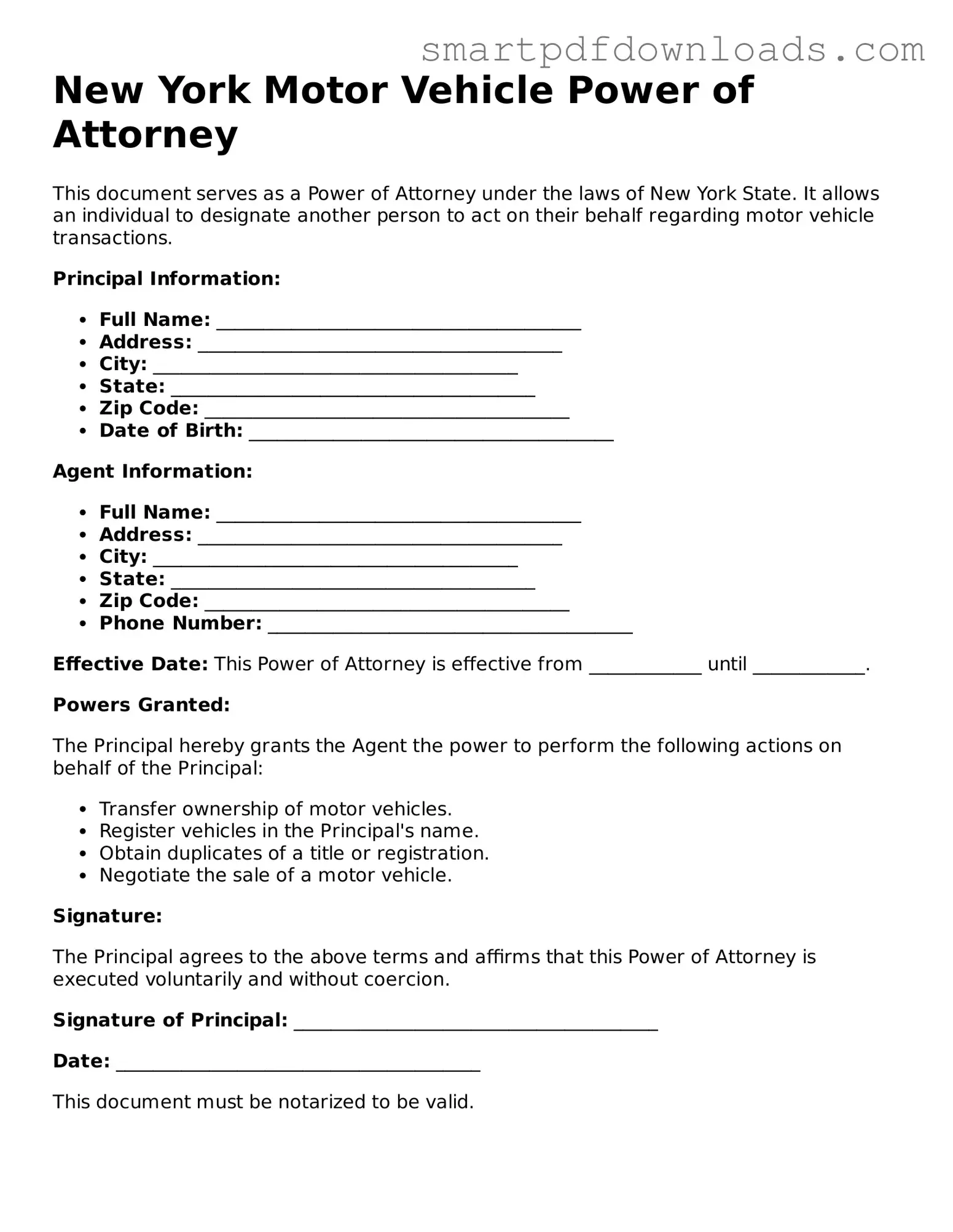 Legal Motor Vehicle Power of Attorney Form for the State of New York