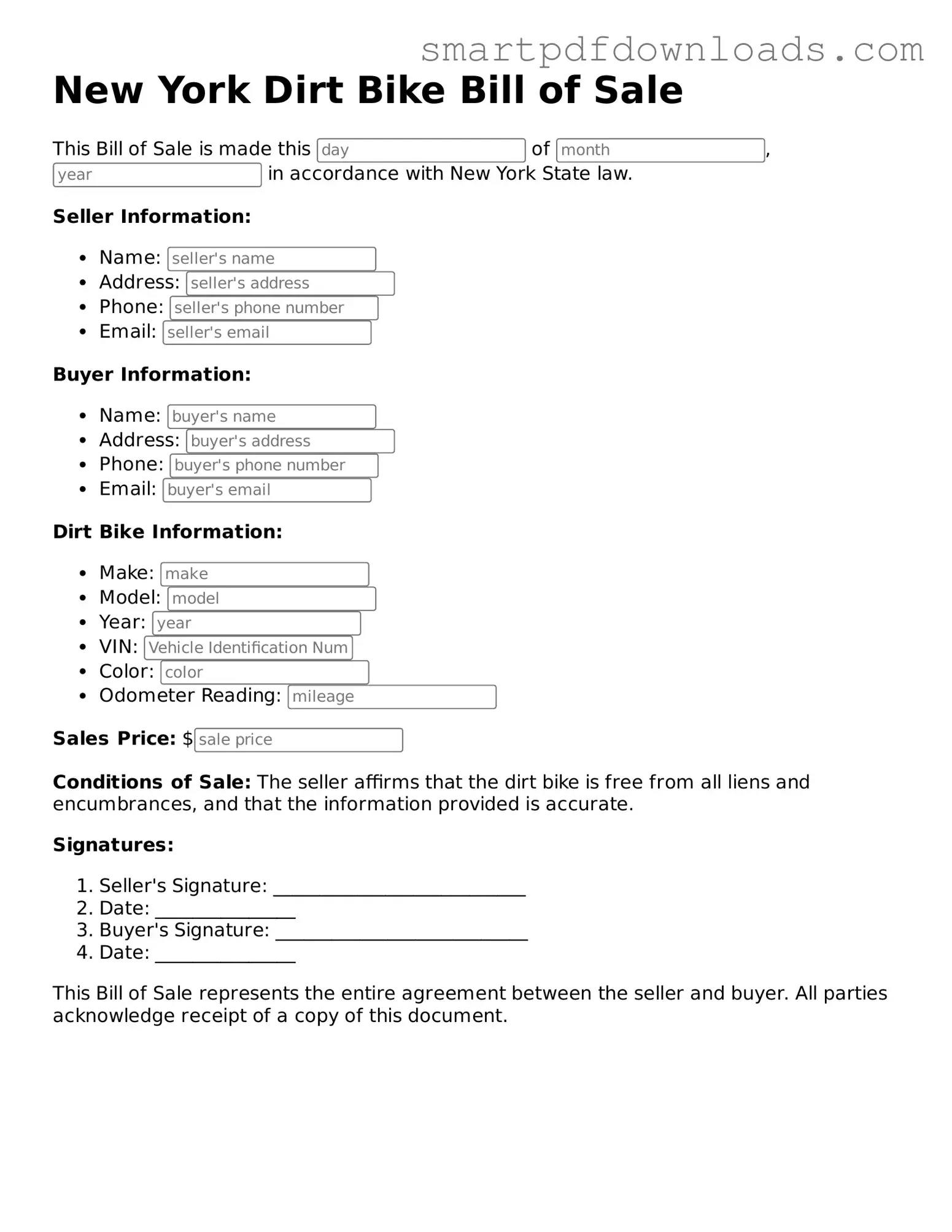 Legal Dirt Bike Bill of Sale Form for the State of New York