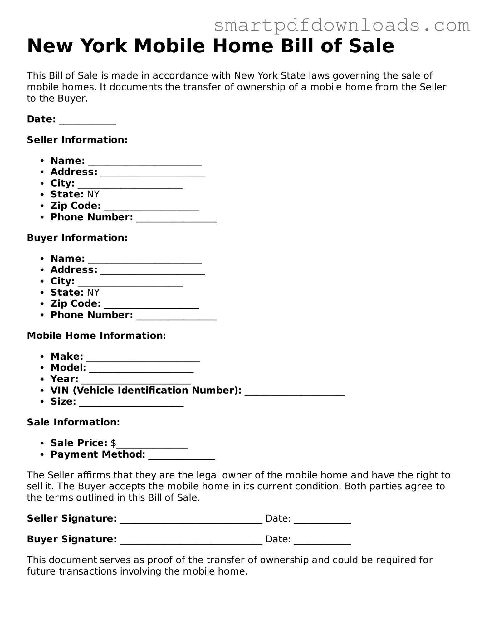 Legal Mobile Home Bill of Sale Form for the State of New York
