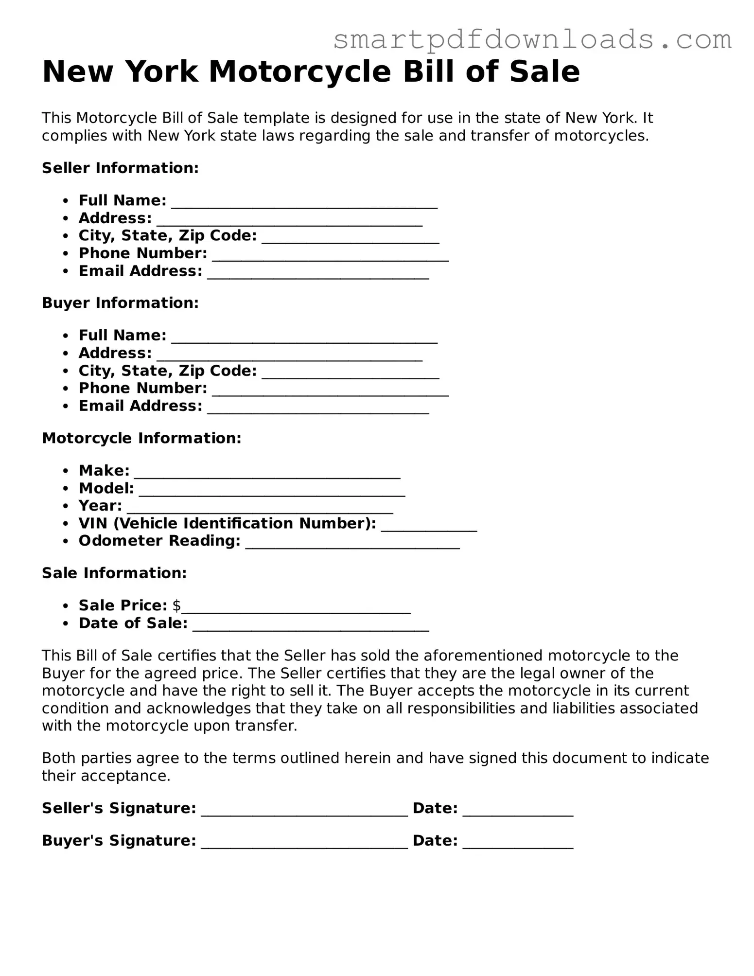 Legal Motorcycle Bill of Sale Form for the State of New York