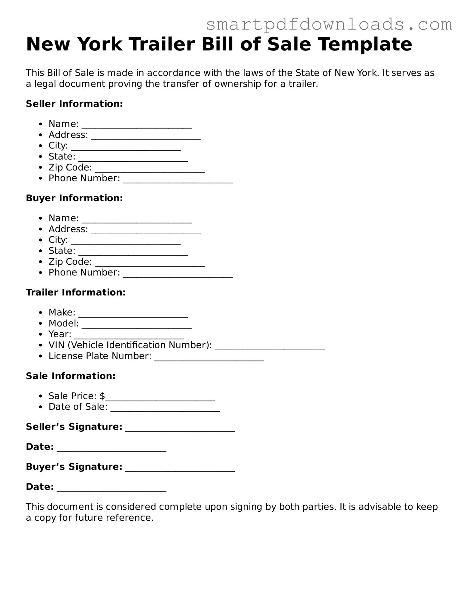 Legal Trailer Bill of Sale Form for the State of New York