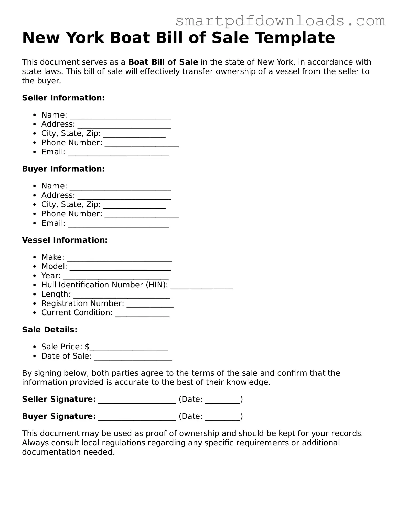 Legal Boat Bill of Sale Form for the State of New York