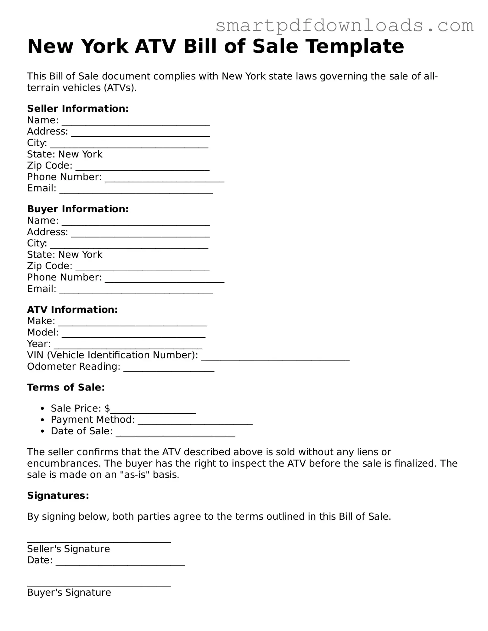 Legal ATV Bill of Sale Form for the State of New York