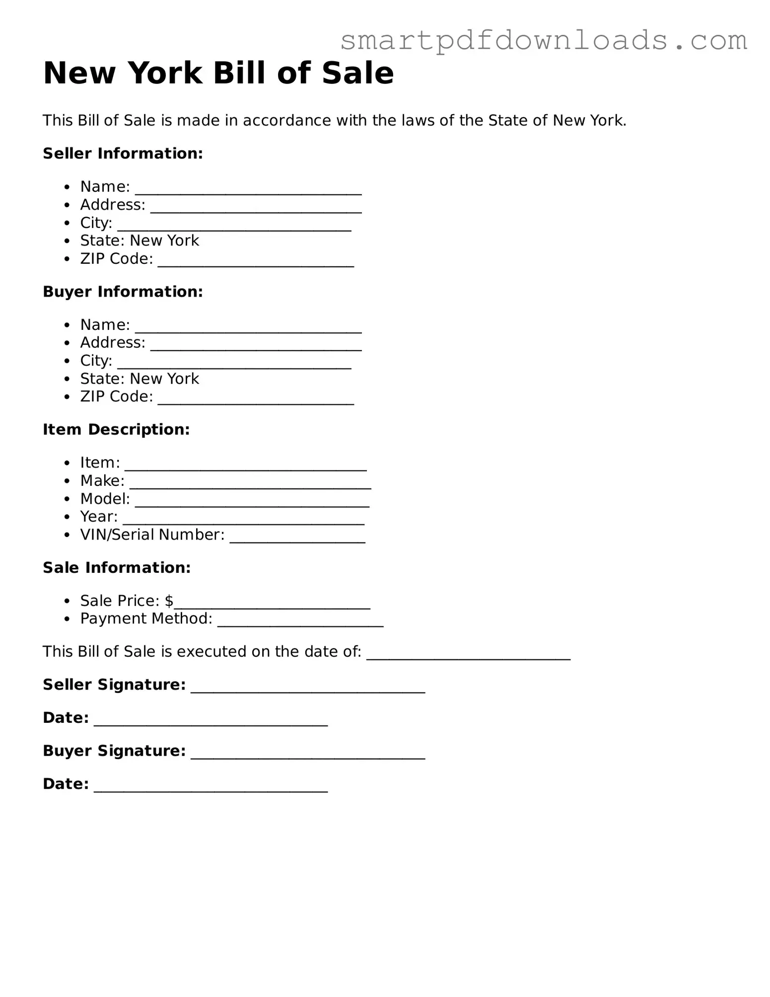 Legal Bill of Sale Form for the State of New York