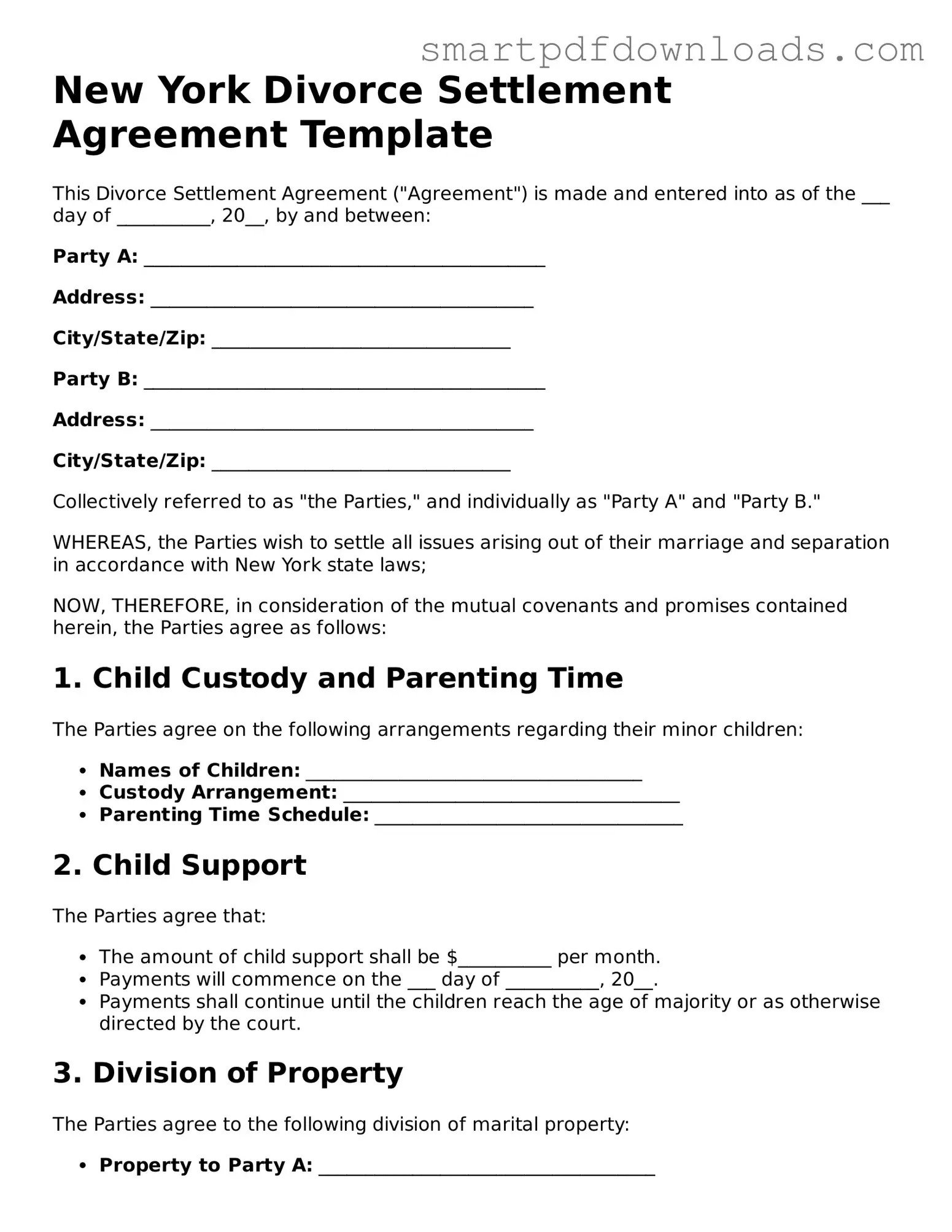 Legal Divorce Settlement Agreement Form for the State of New York