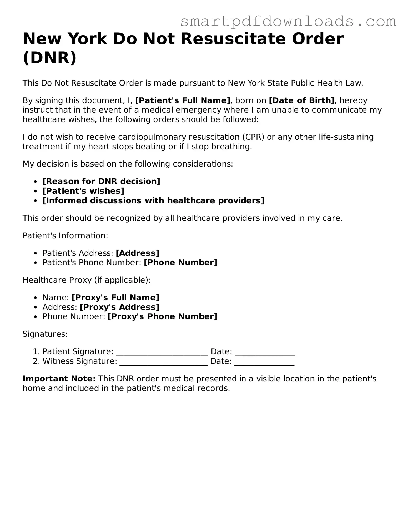 Legal Do Not Resuscitate Order Form for the State of New York