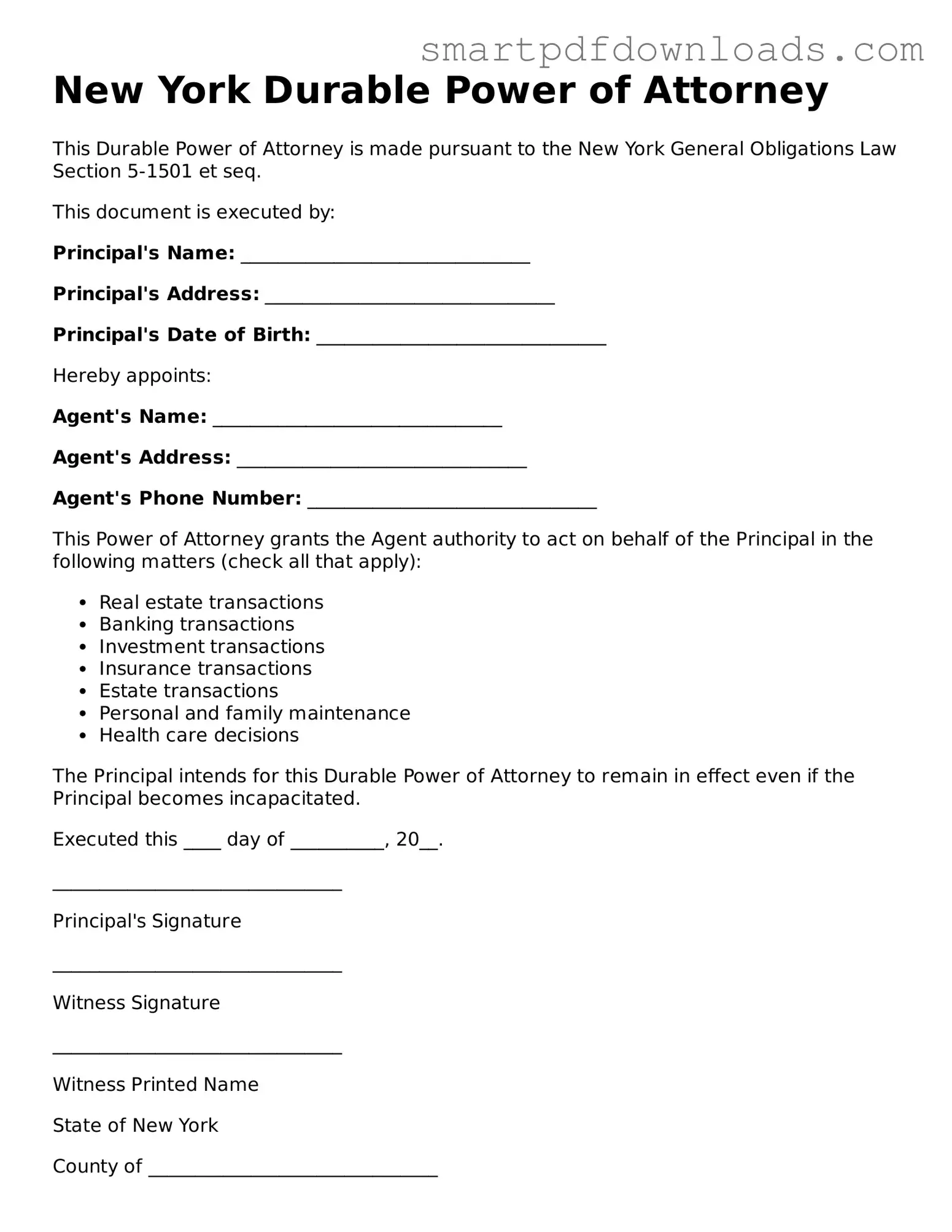 Legal Durable Power of Attorney Form for the State of New York