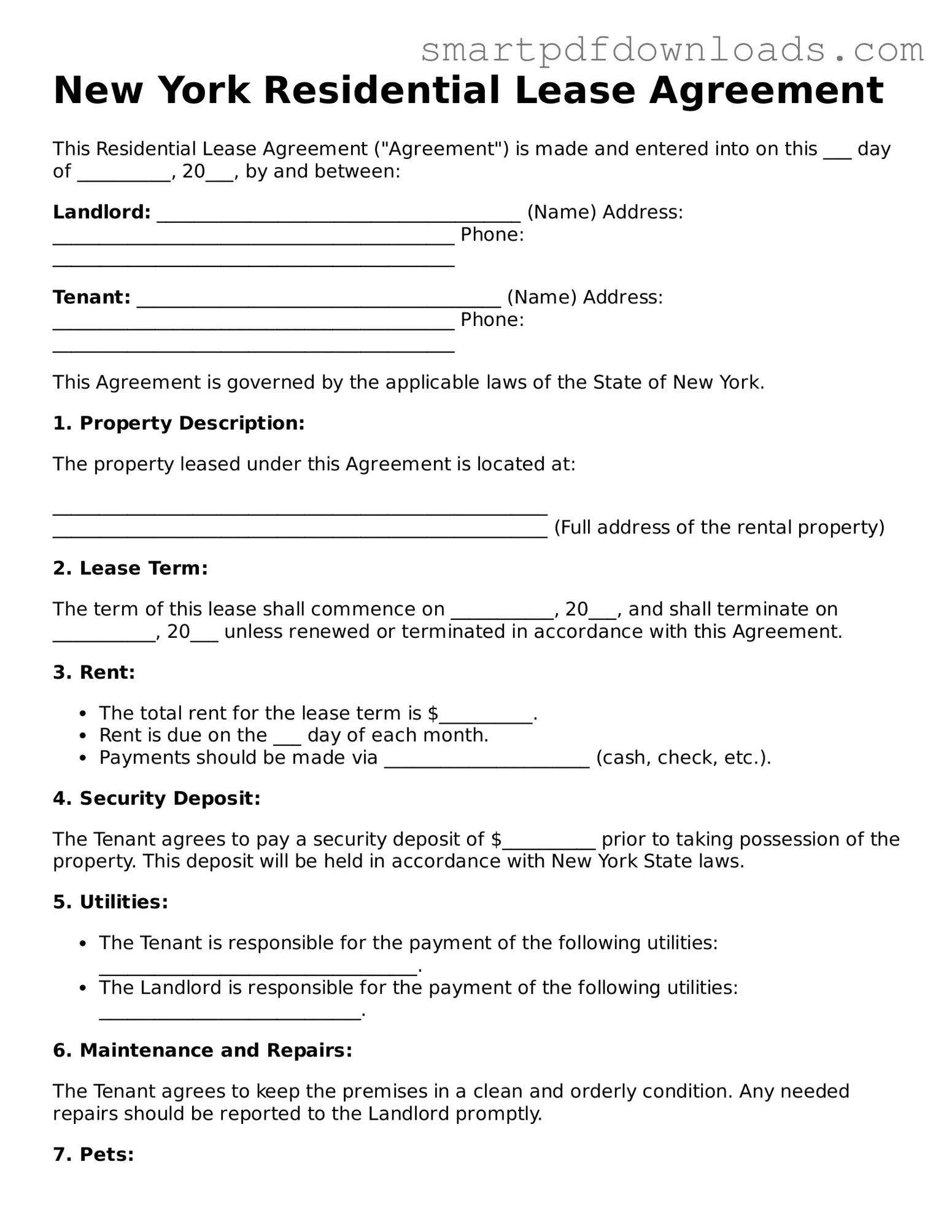 Legal Residential Lease Agreement Form for the State of New York