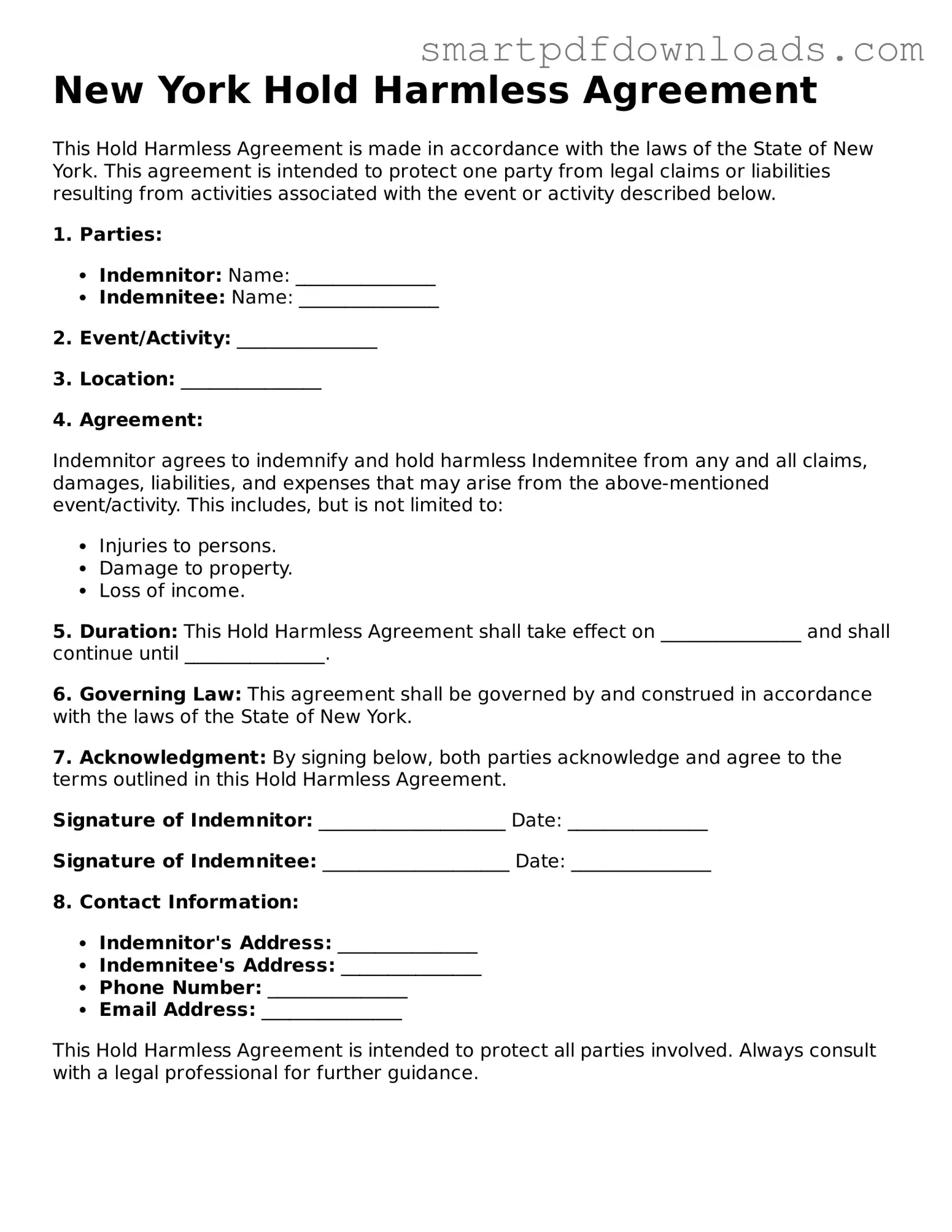 Legal Hold Harmless Agreement Form for the State of New York