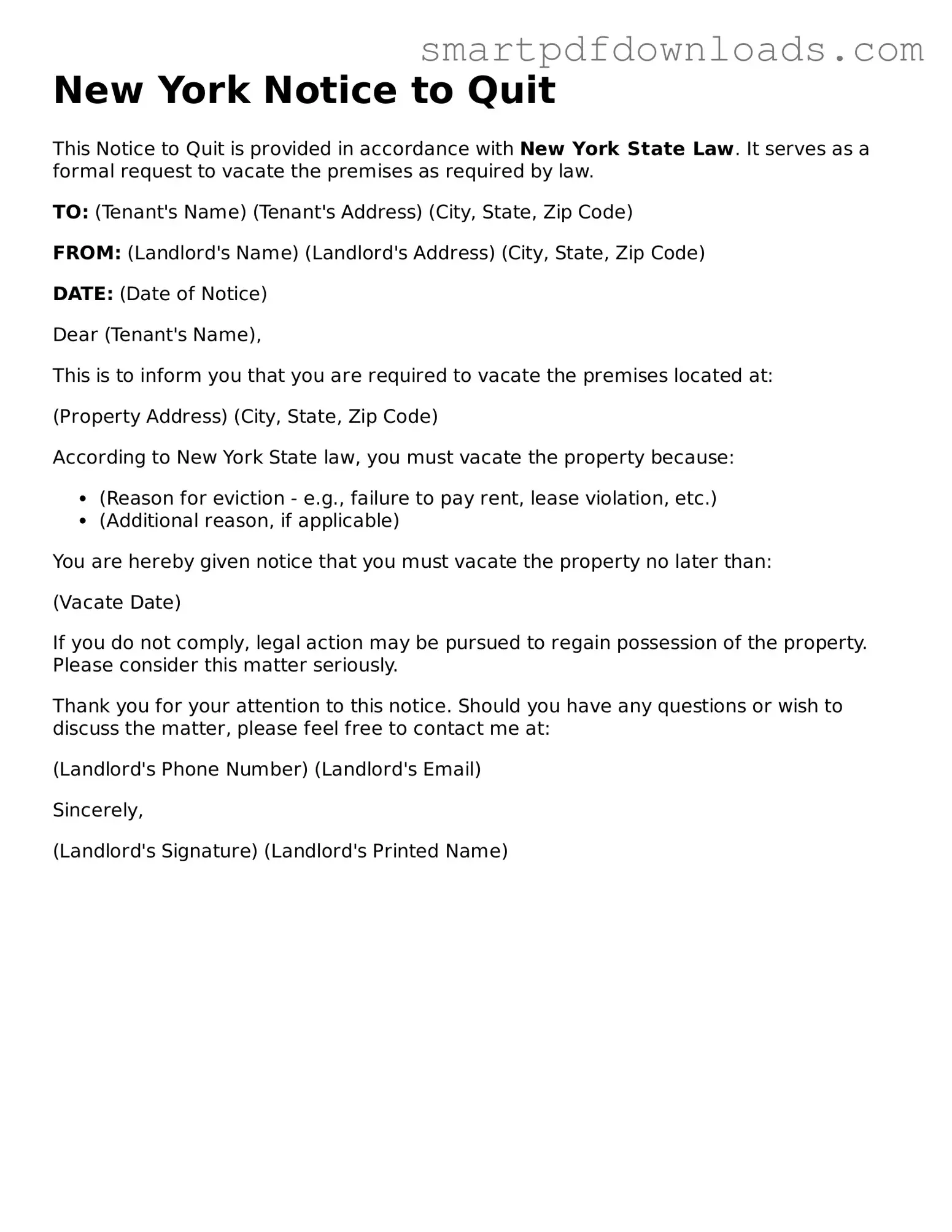 Legal Notice to Quit Form for the State of New York