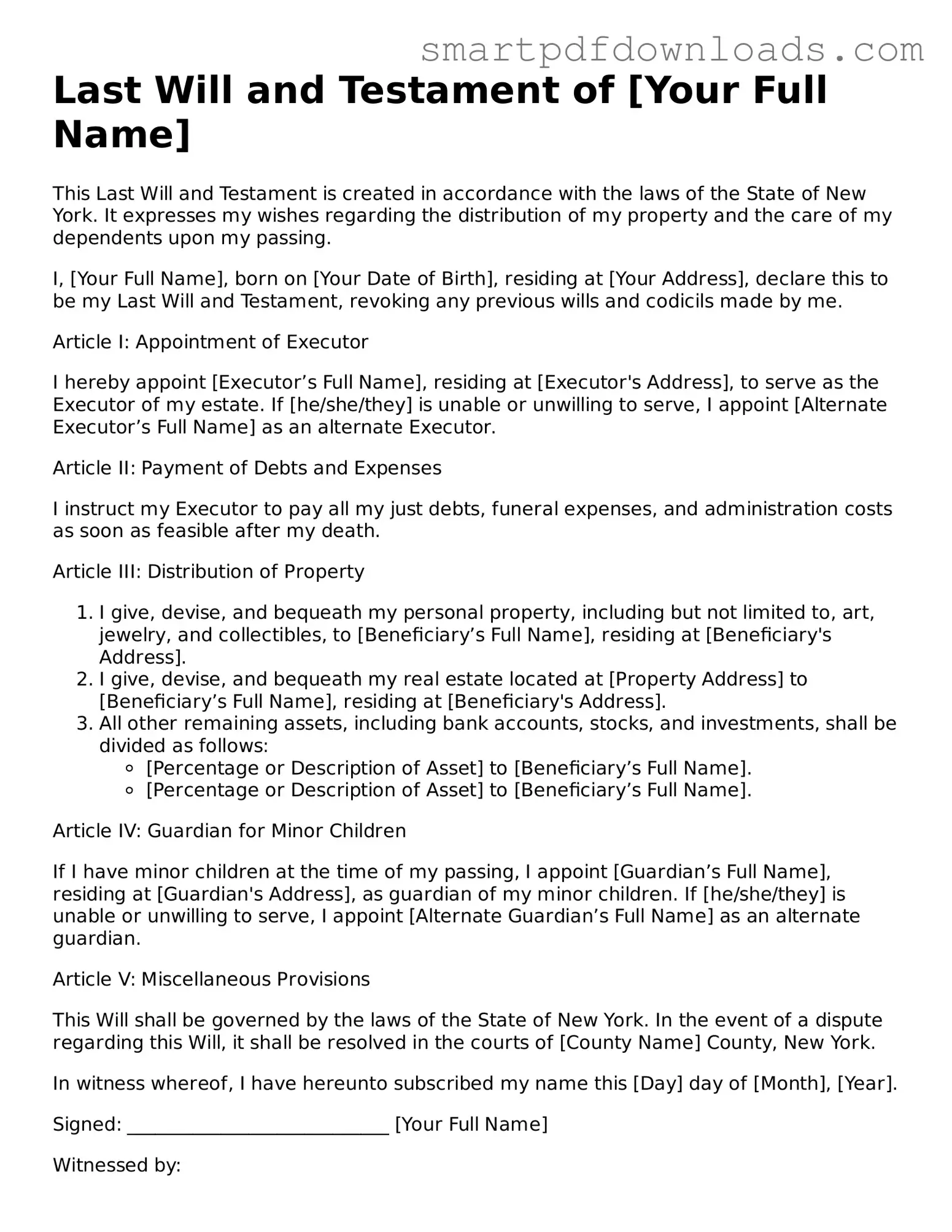 Legal Last Will and Testament Form for the State of New York