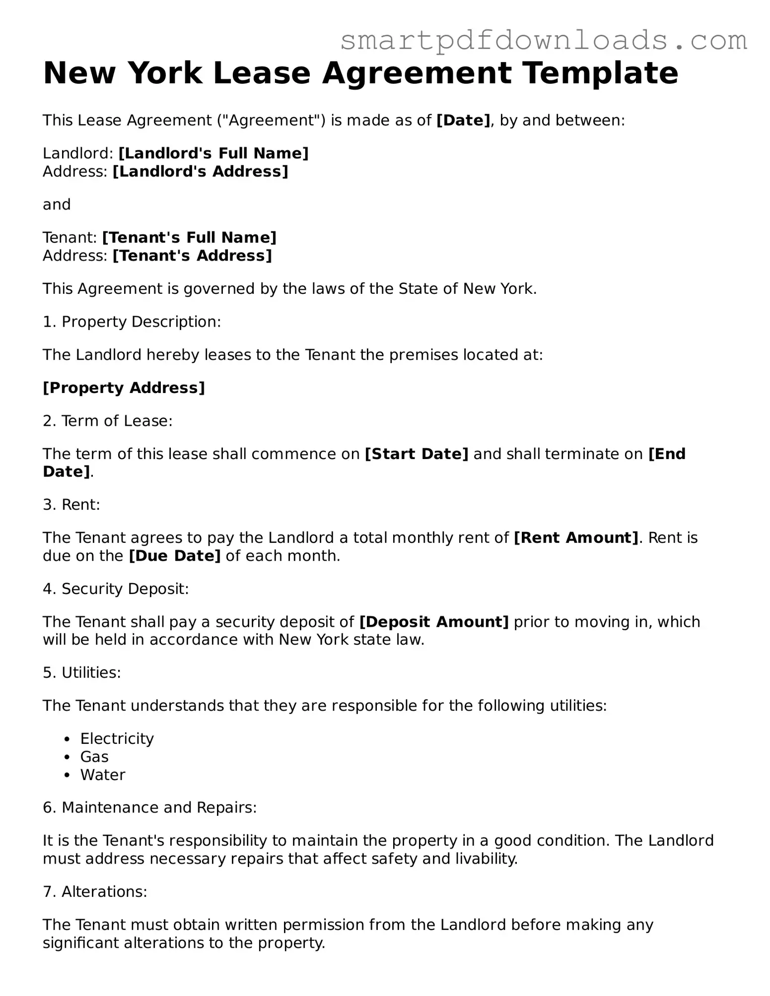 Legal Lease Agreement Form for the State of New York