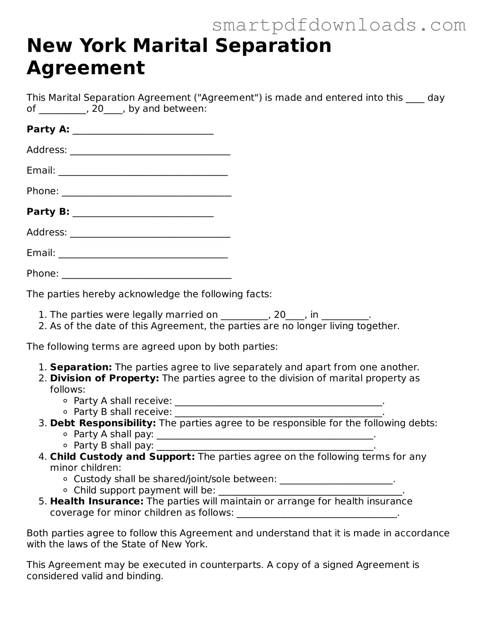 Legal Marital Separation Agreement Form for the State of New York