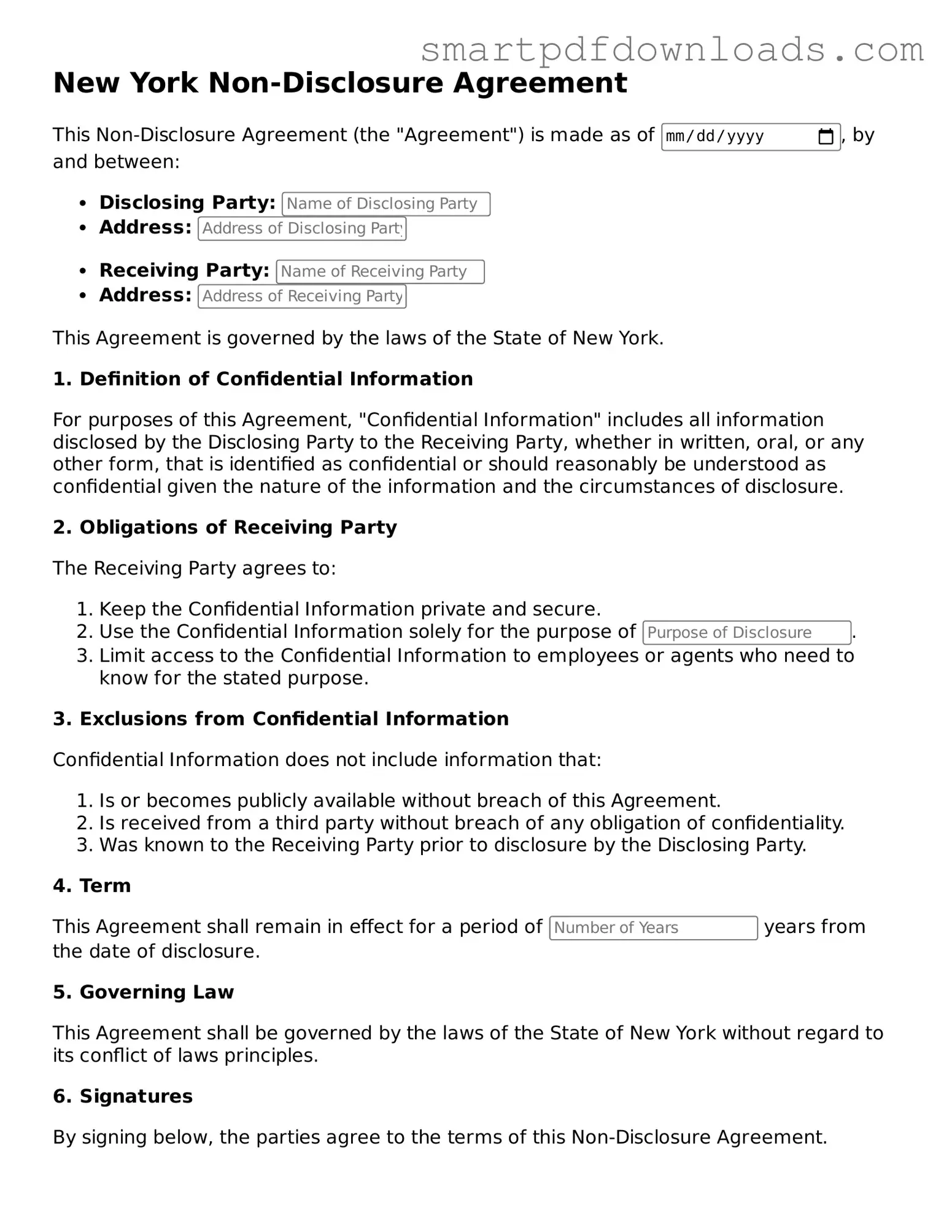 Legal Non-disclosure Agreement Form for the State of New York