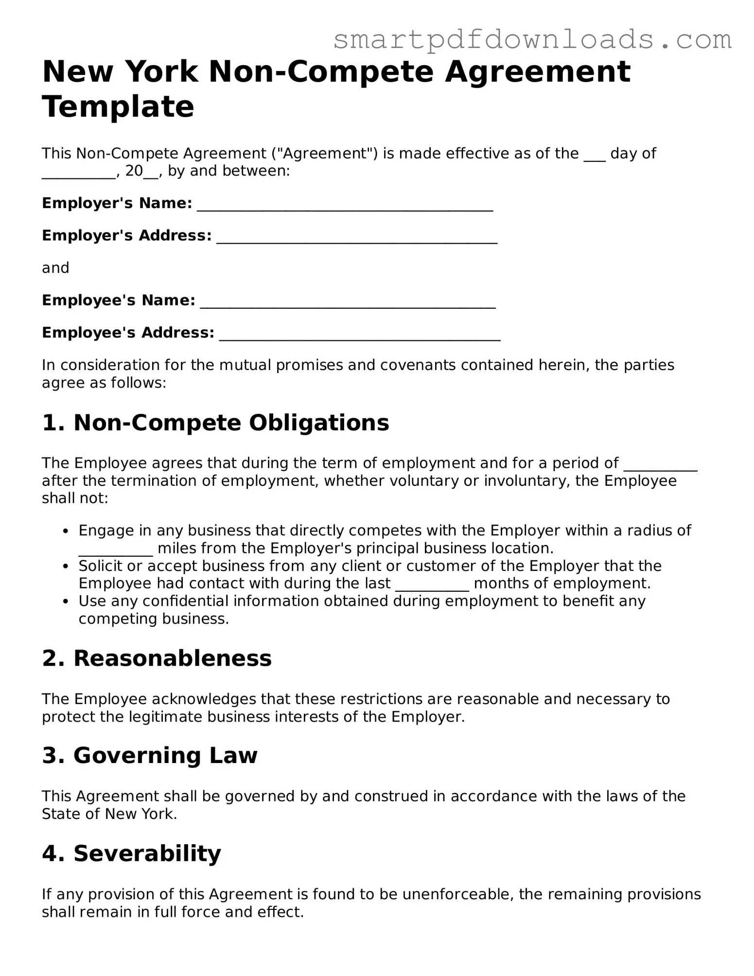 Legal Non-compete Agreement Form for the State of New York