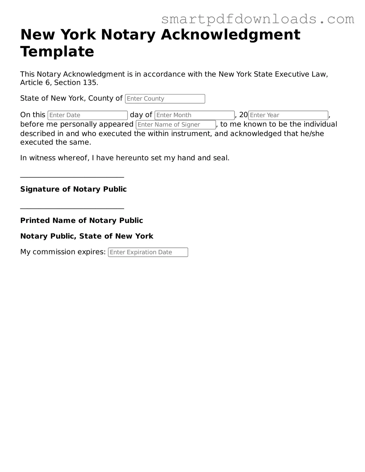 Legal Notary Acknowledgement Form for the State of New York