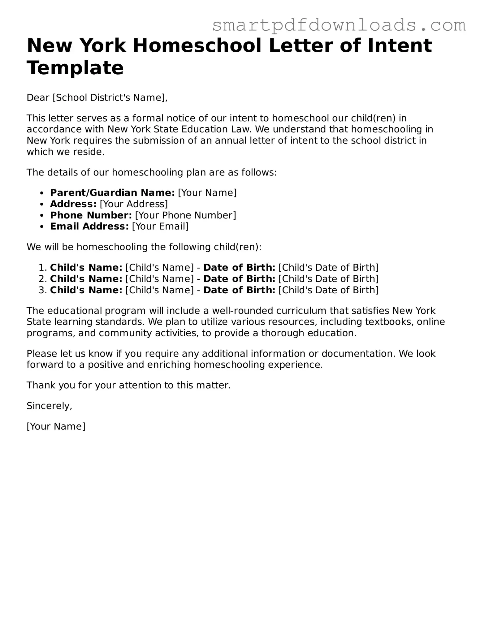 Legal Homeschool Letter of Intent Form for the State of New York