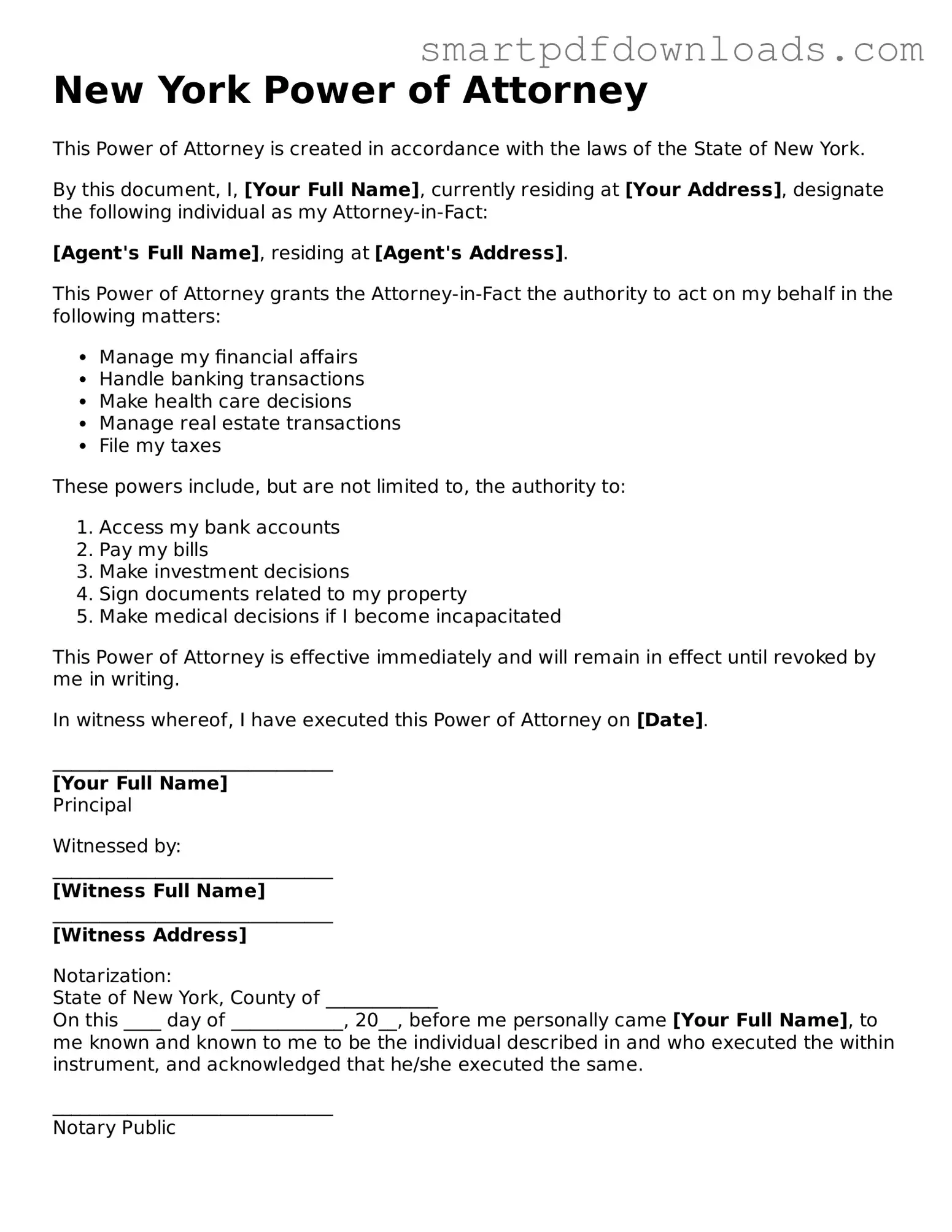 Legal Power of Attorney Form for the State of New York