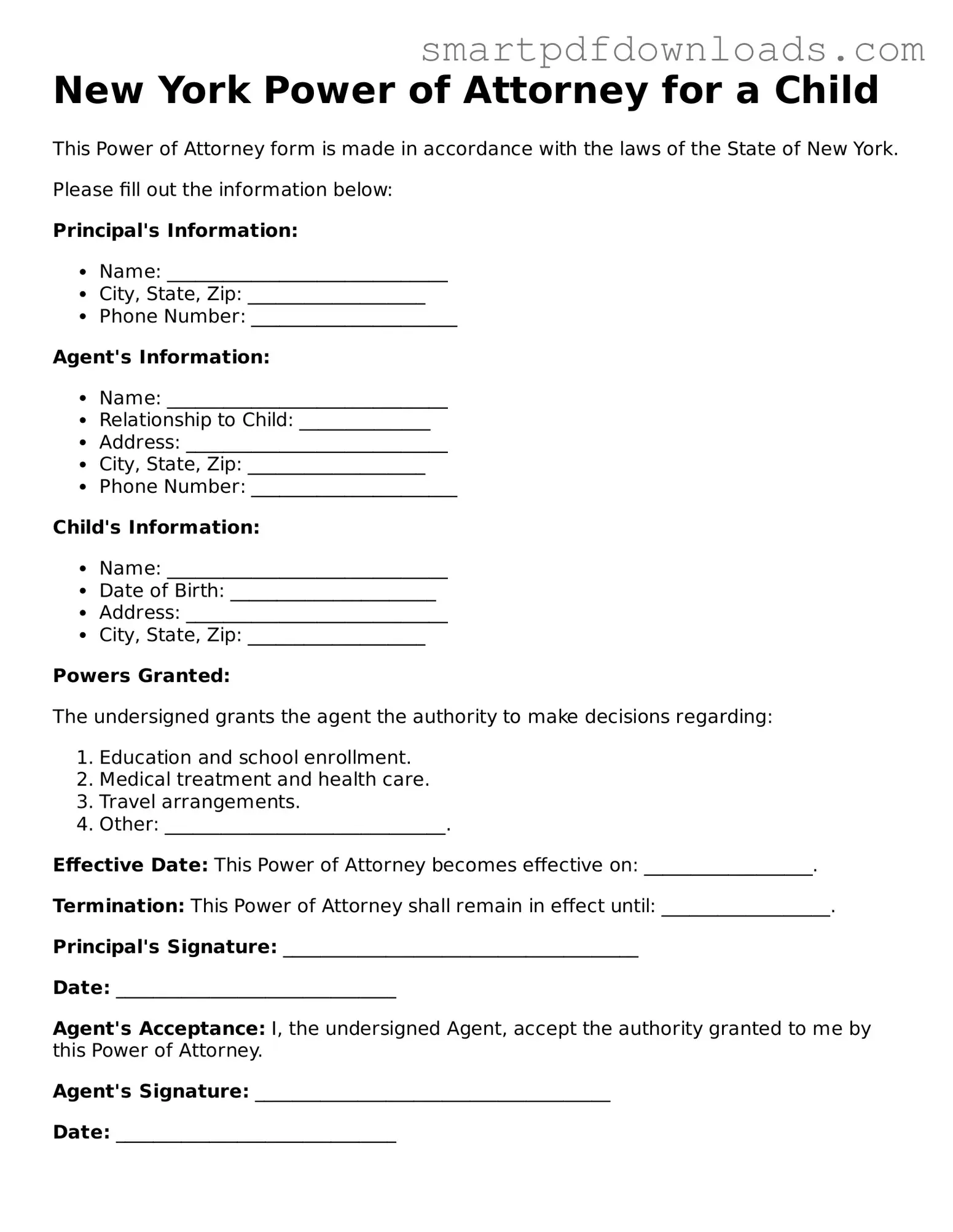 Legal Power of Attorney for a Child Form for the State of New York