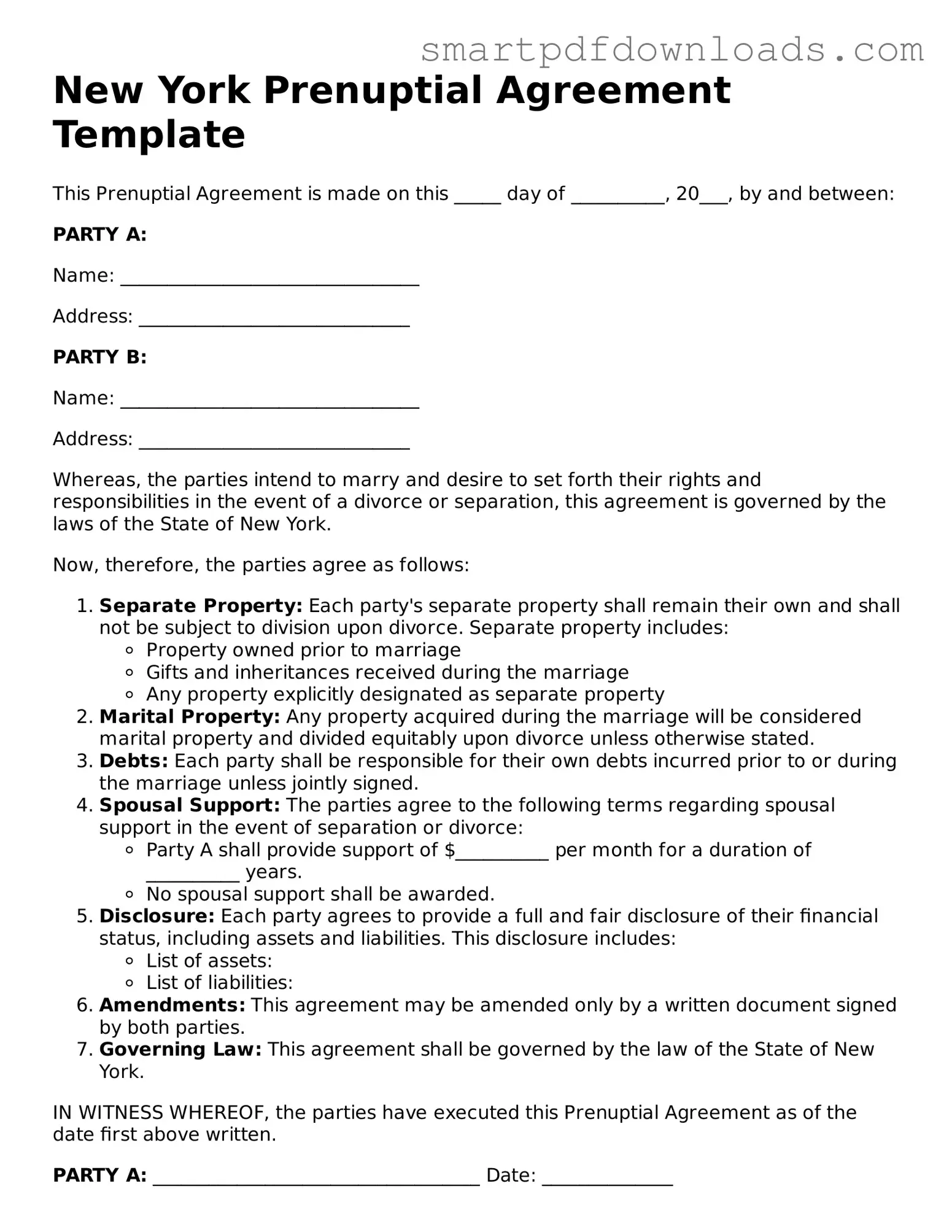Legal Prenuptial Agreement Form for the State of New York