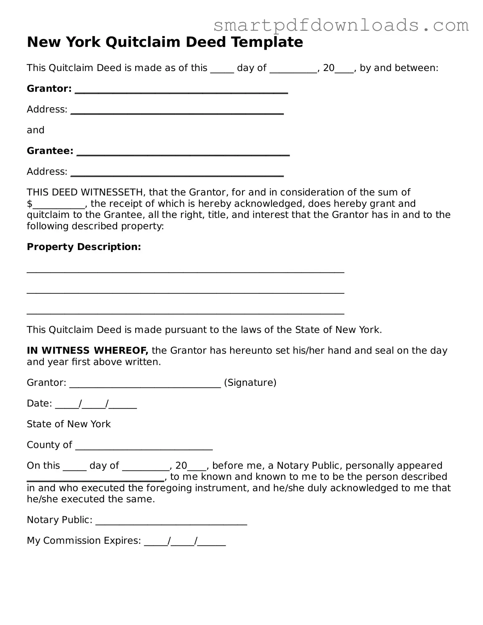 Legal Quitclaim Deed Form for the State of New York