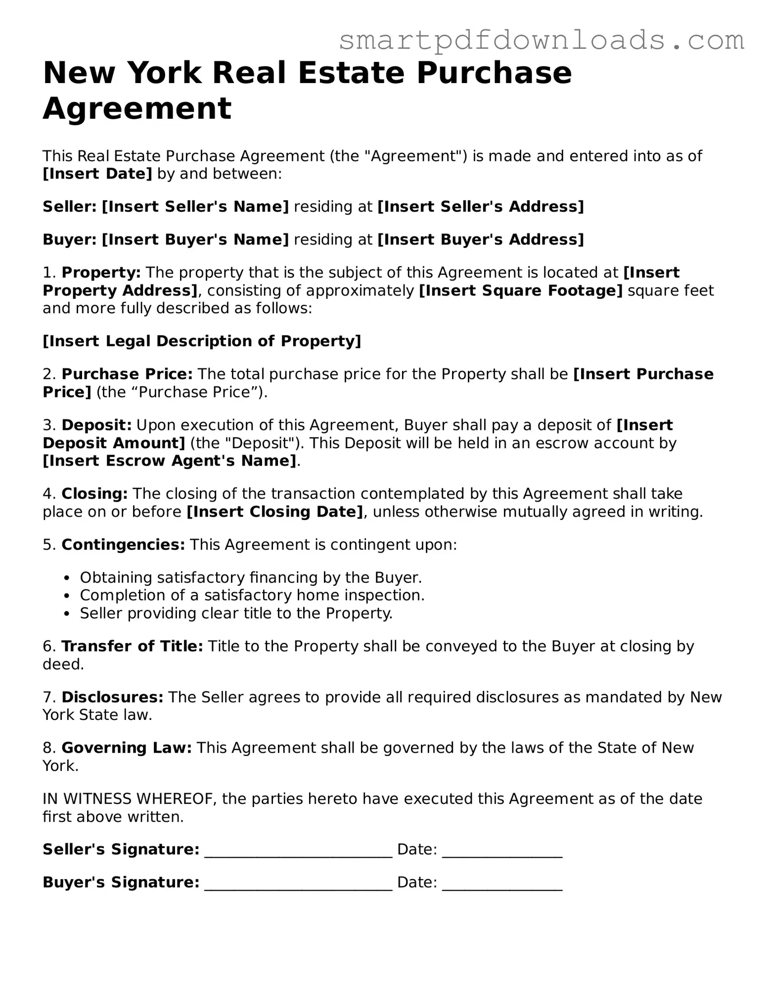 Legal Real Estate Purchase Agreement Form for the State of New York