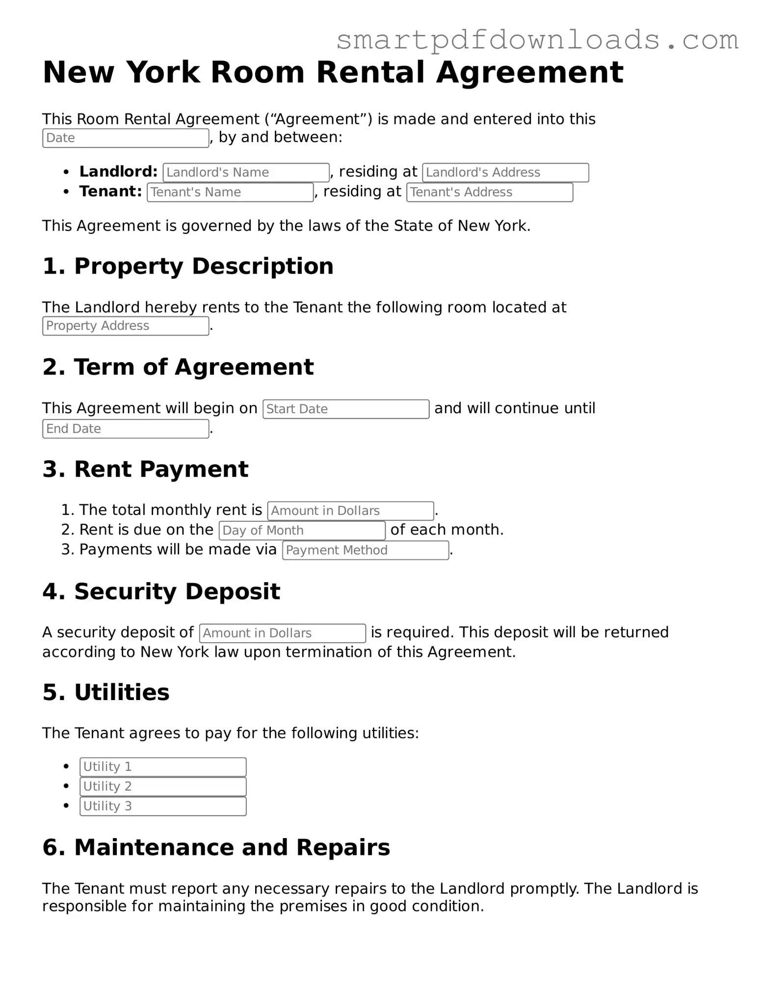 Legal Room Rental Agreement Form for the State of New York