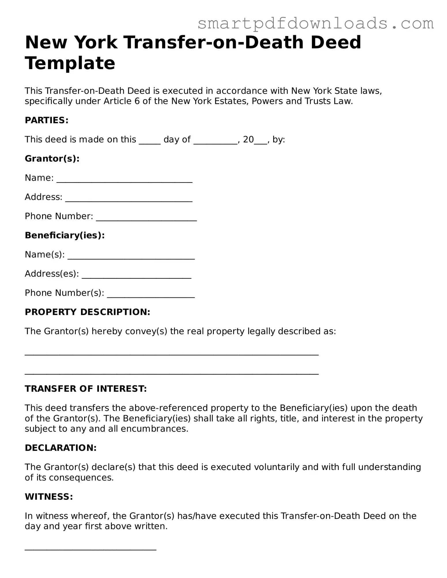 Legal Transfer-on-Death Deed Form for the State of New York