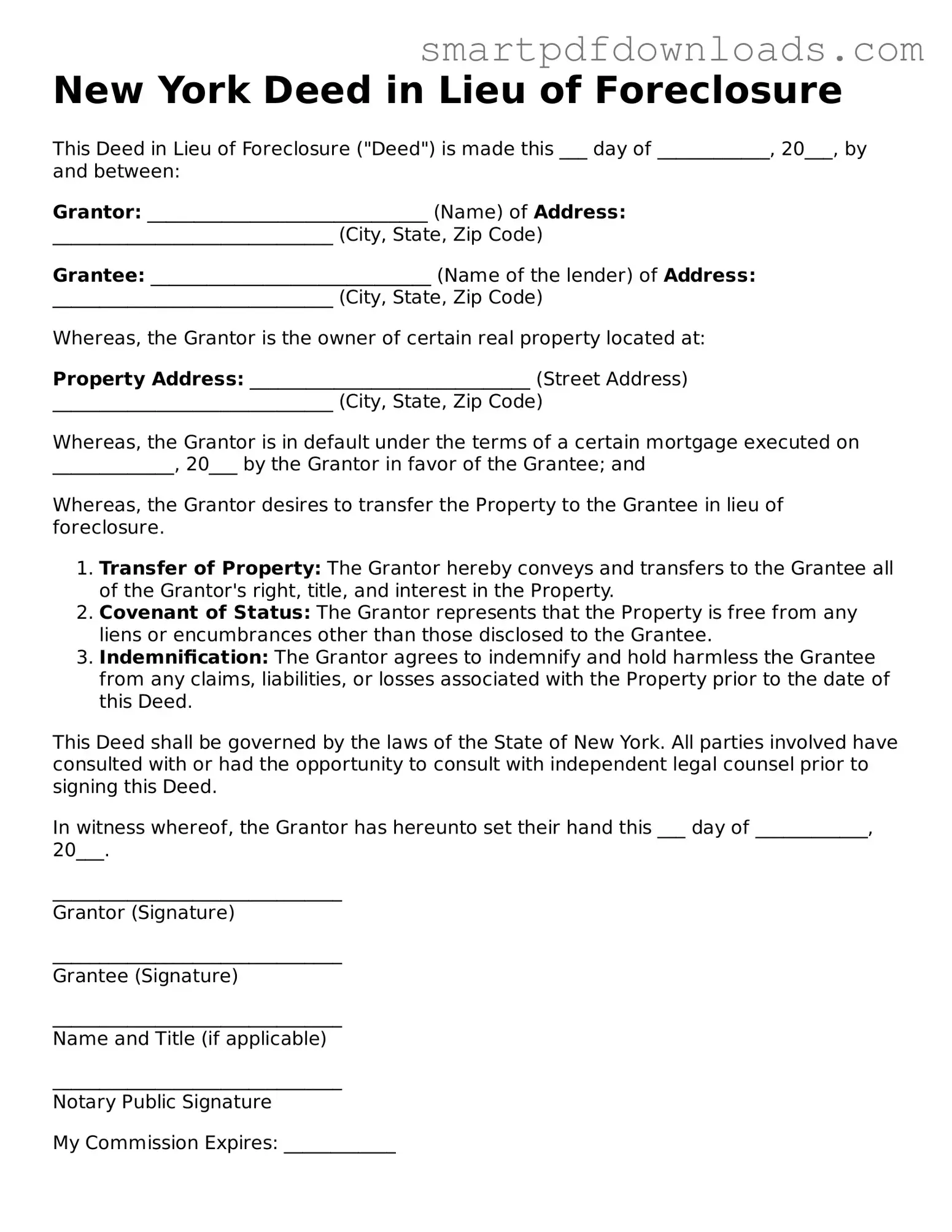 Legal Deed in Lieu of Foreclosure Form for the State of New York