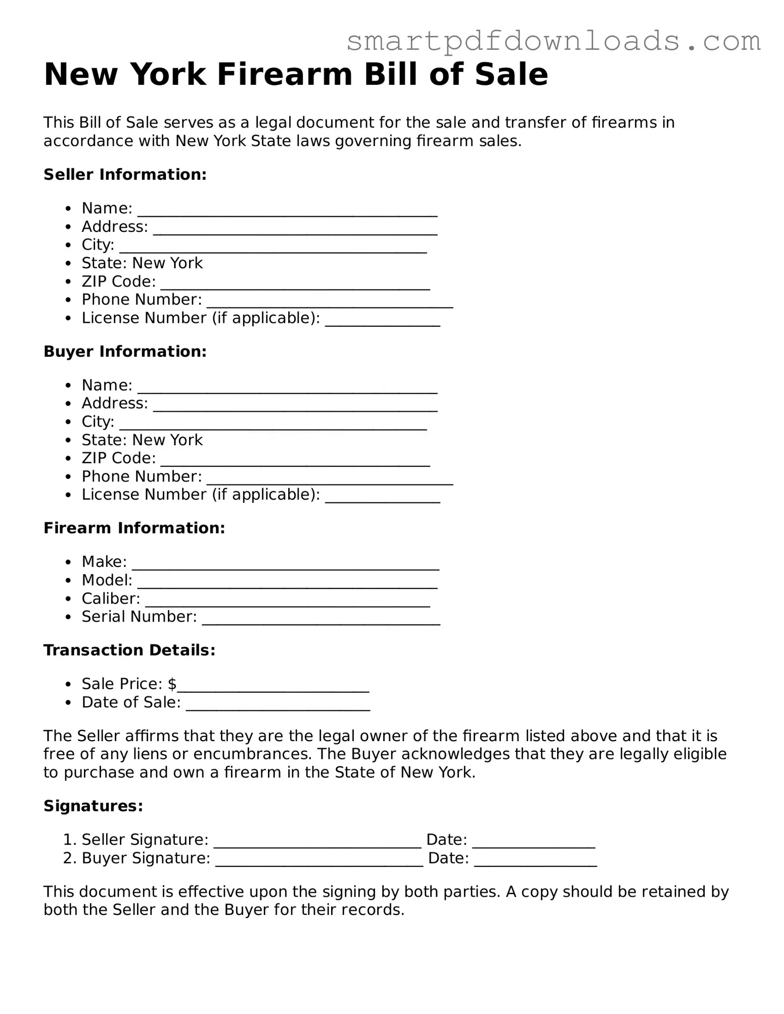Legal Firearm Bill of Sale Form for the State of New York