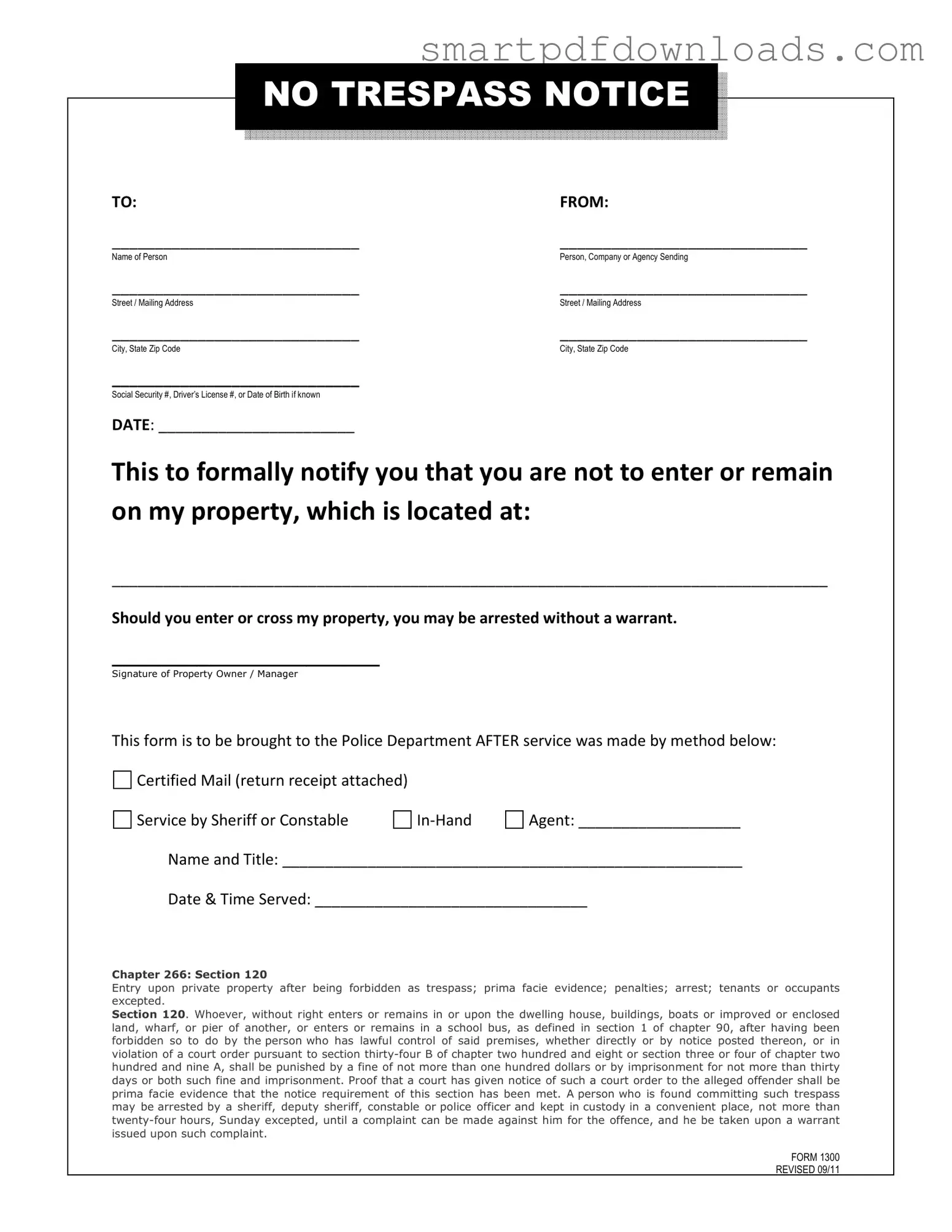 No Trespassing Letter Form