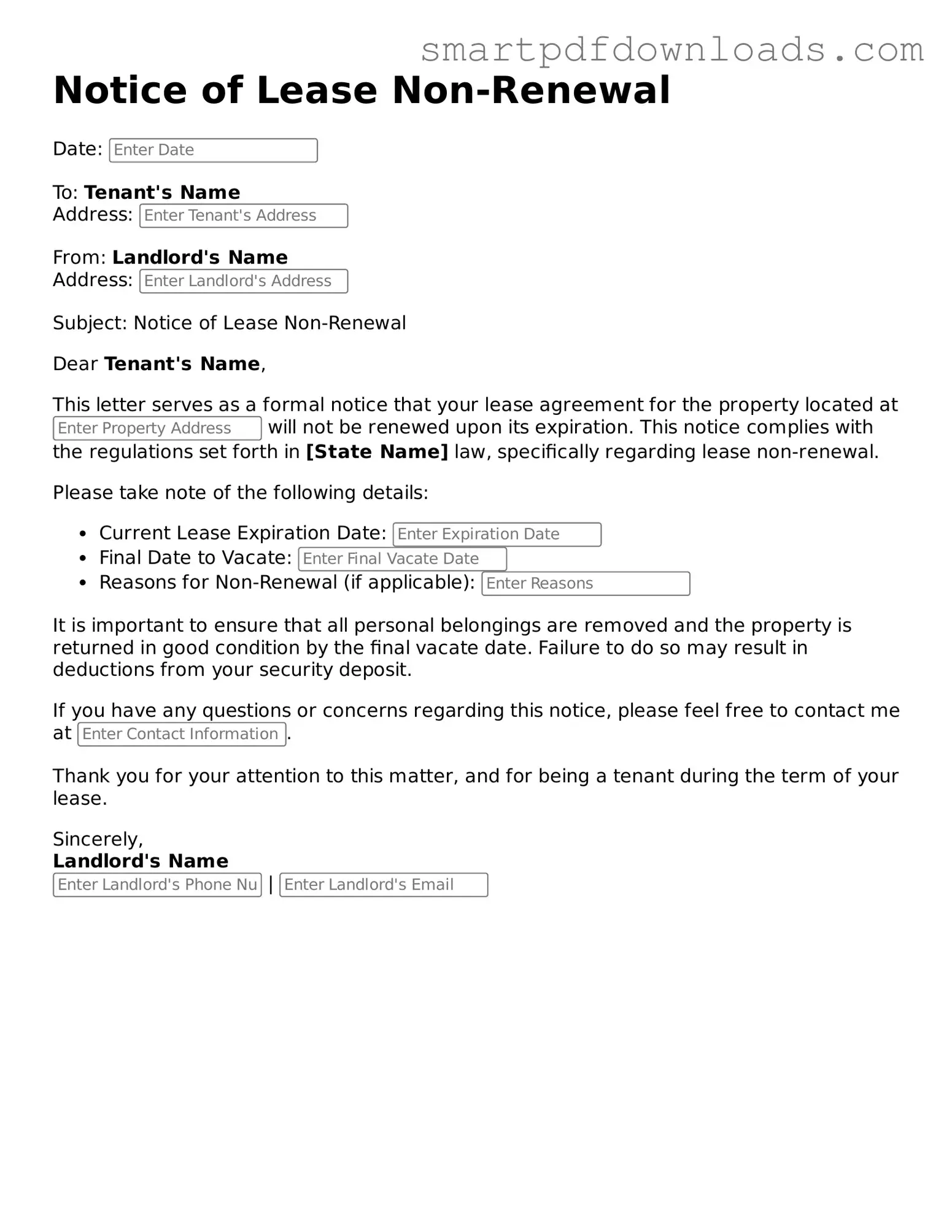 Free Notice of Lease Non-Renewal Form