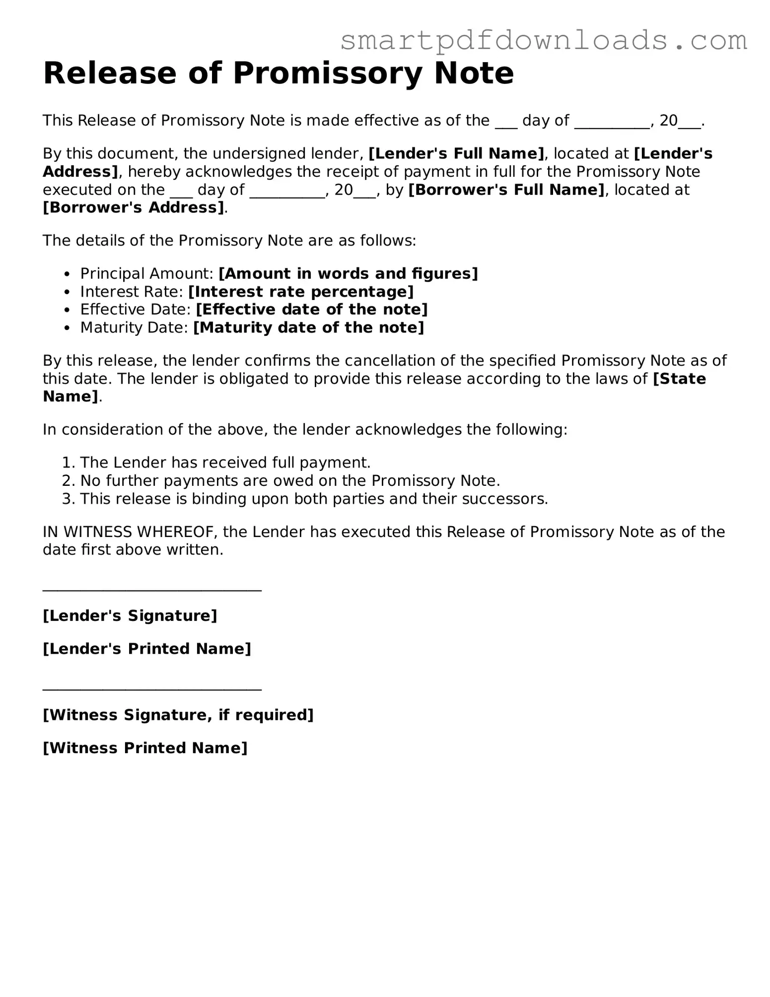 Free Release of Promissory Note Form