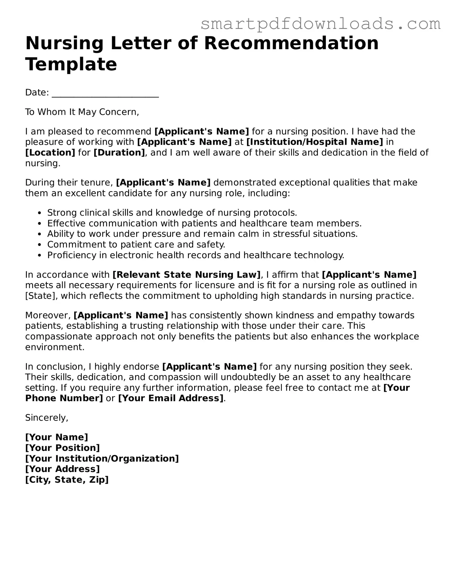 Free Nursing Letter of Recommendation Form