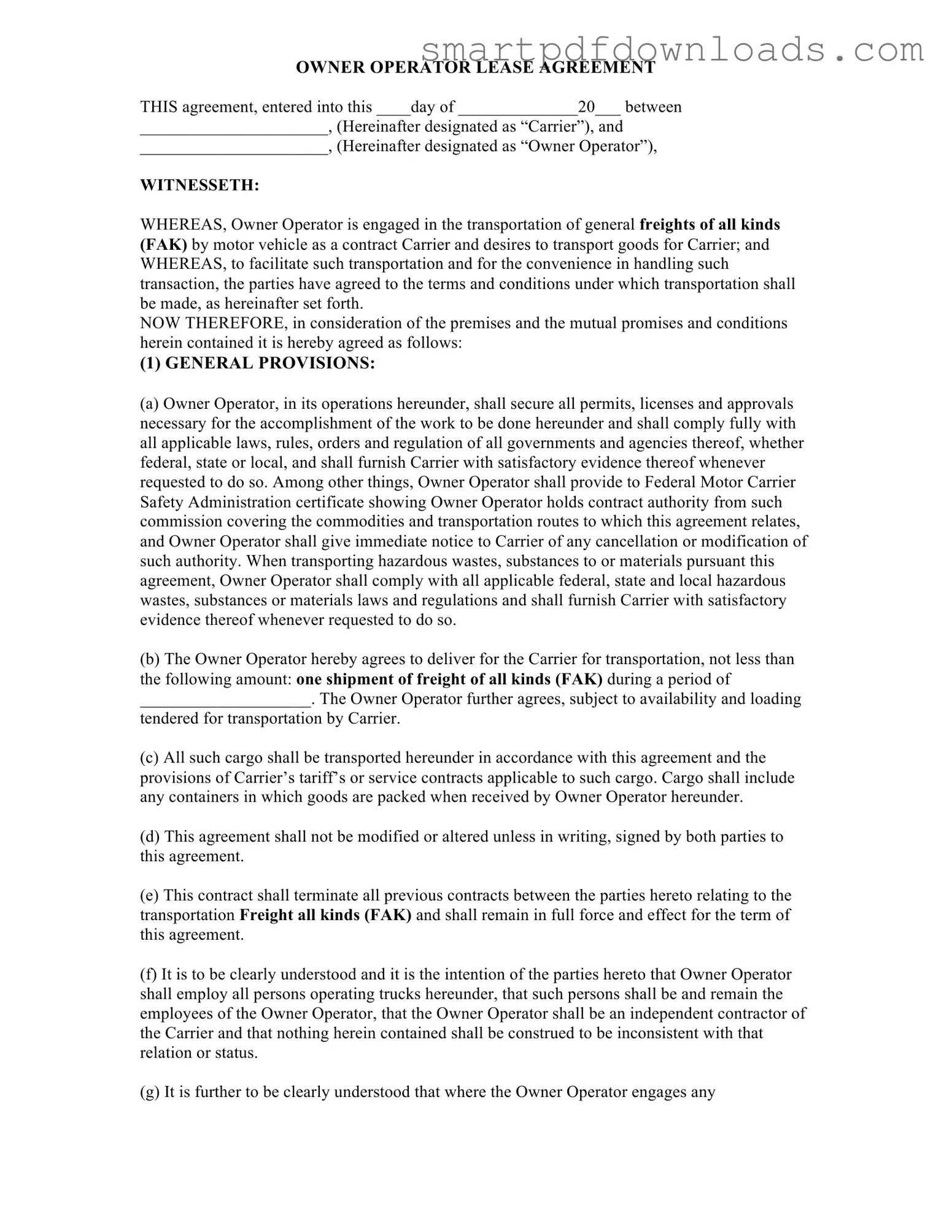 Owner Operator Lease Agreement Form