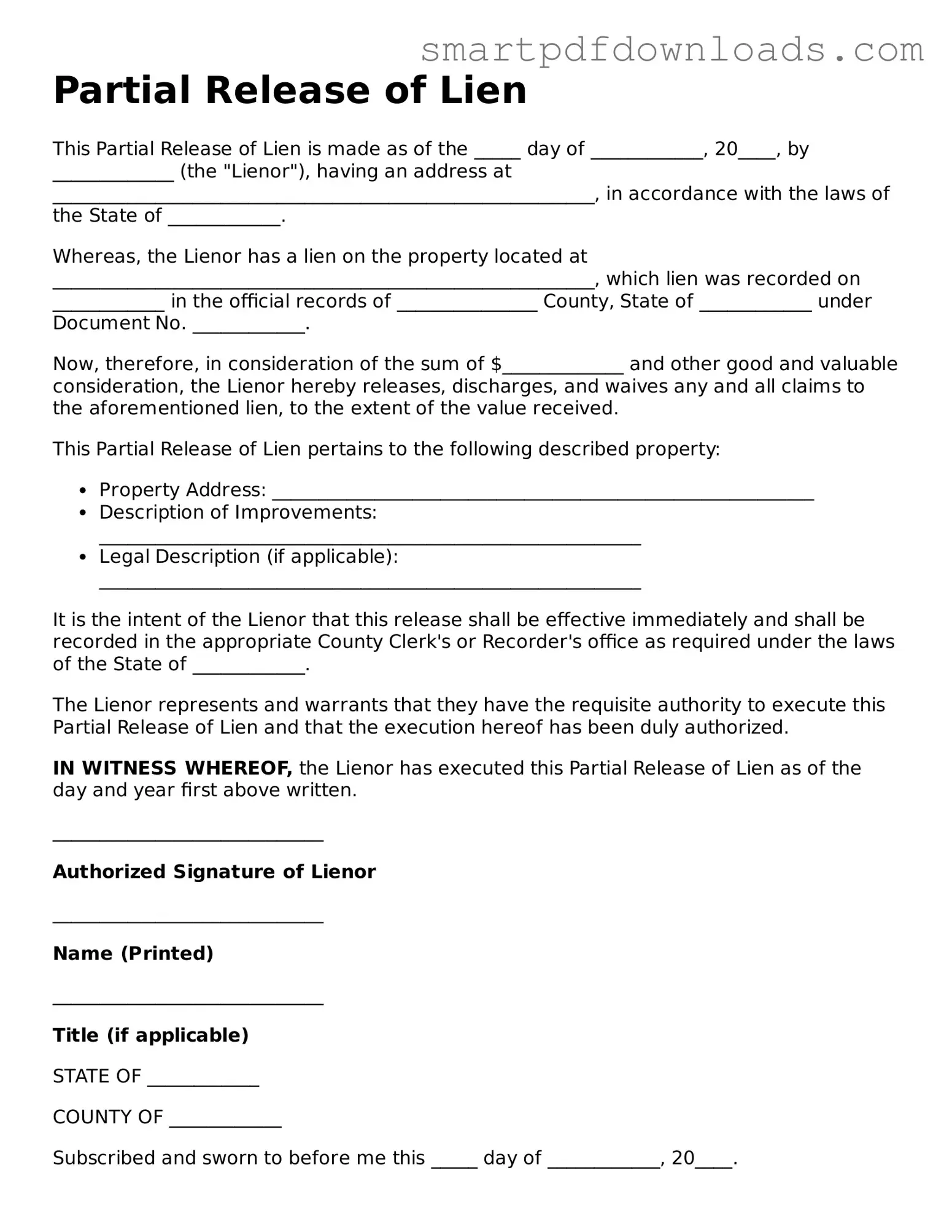 Free Partial Release of Lien Form