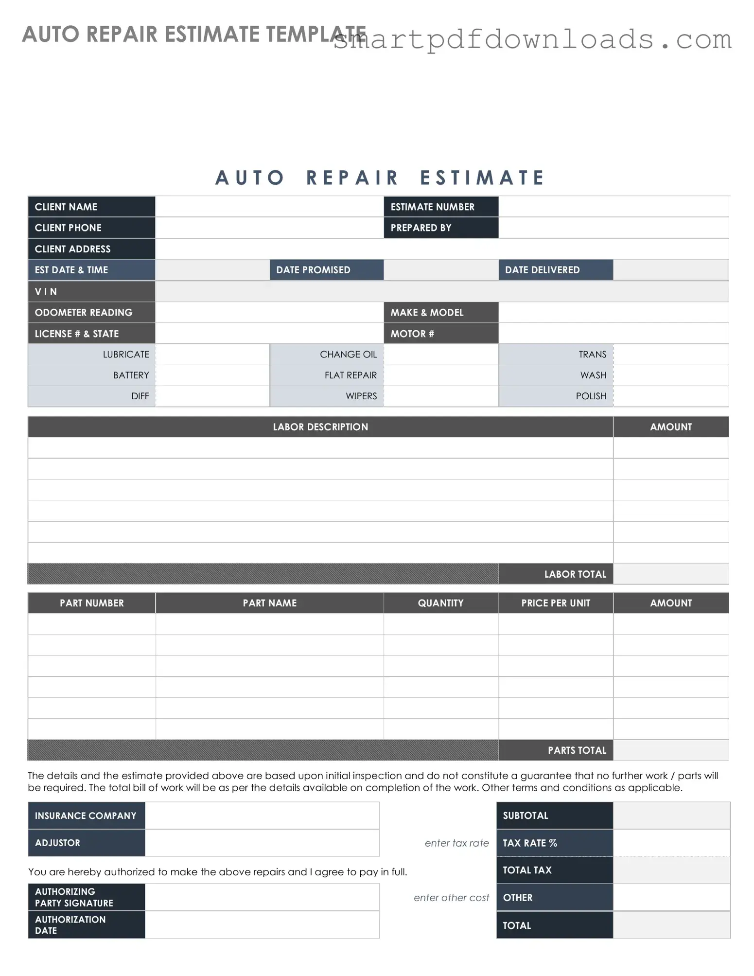 Auto Repair Estimate Form