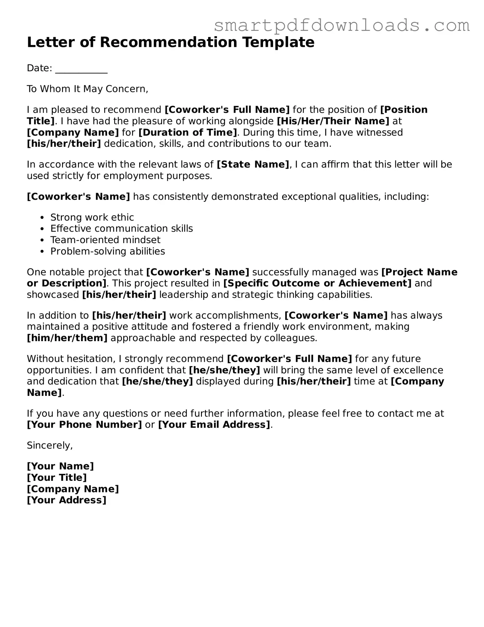 Free Letter of Recommendation for Coworker Form