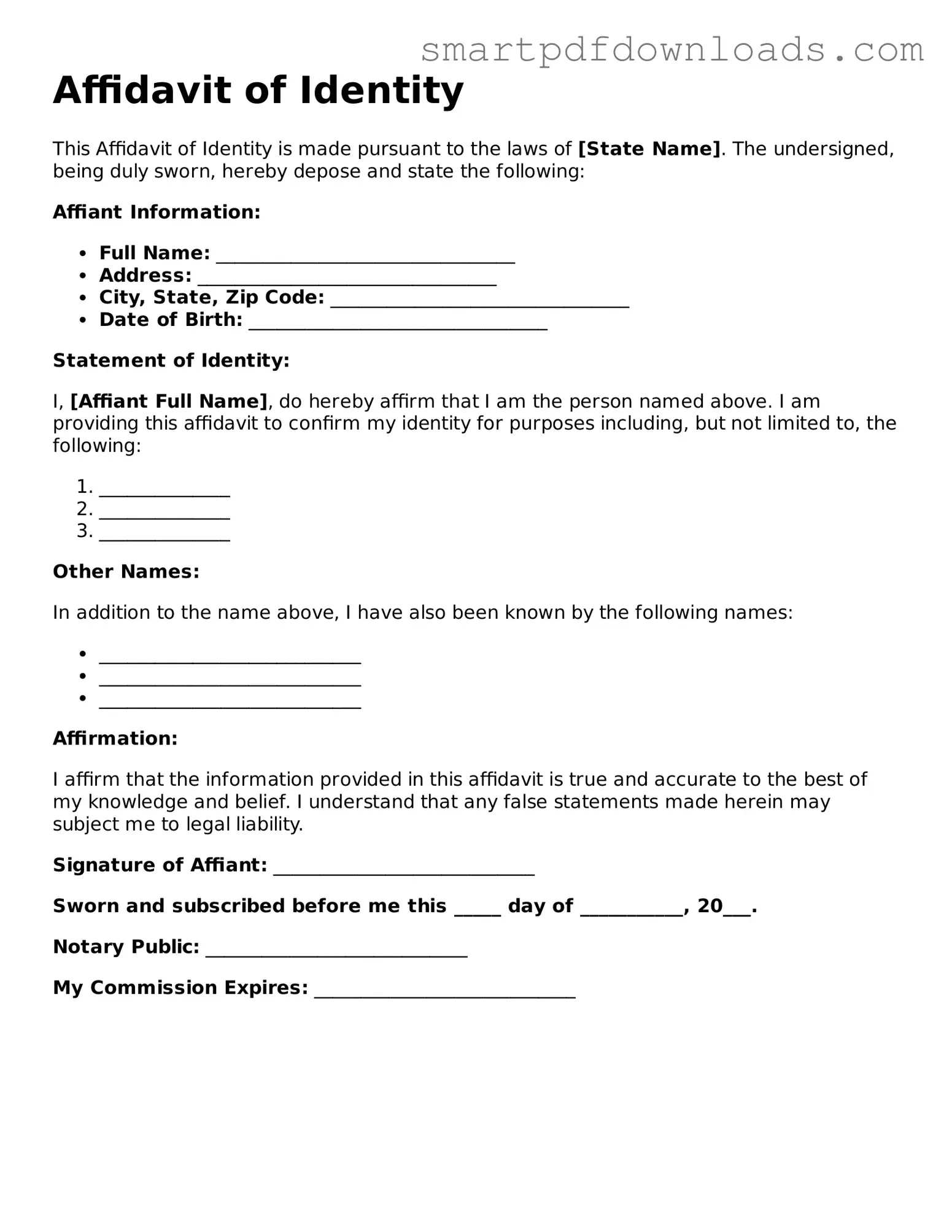 Free Affidavit of Identity Form