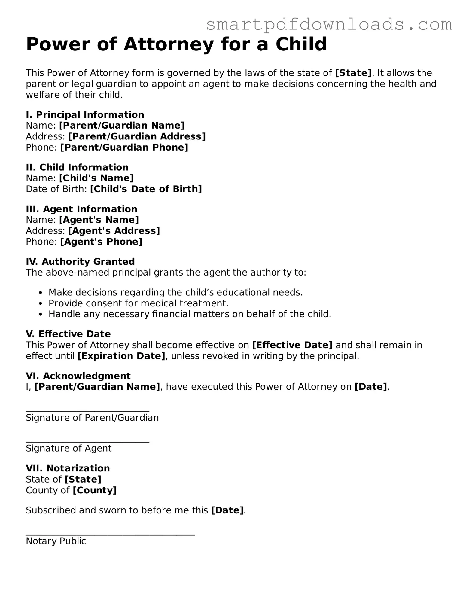 Free Power of Attorney for a Child Form