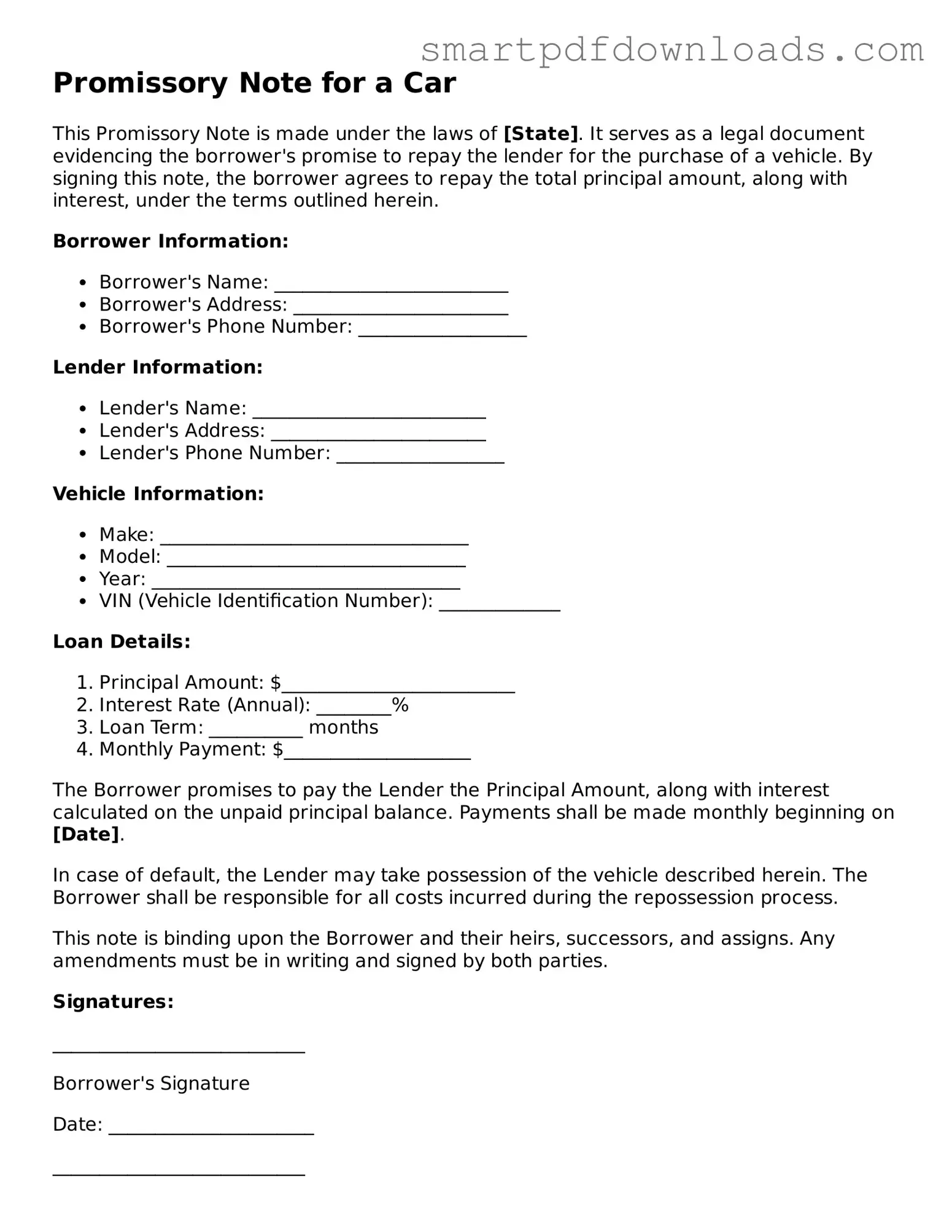 Free Promissory Note for a Car Form