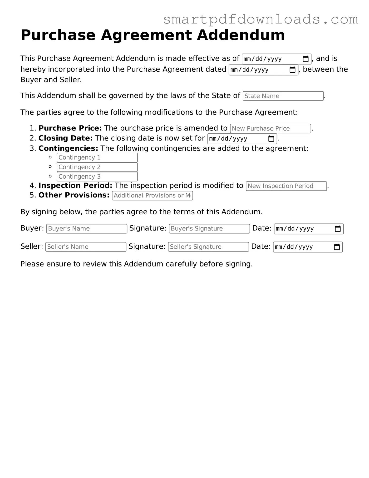 Free Purchase Agreement Addendum Form