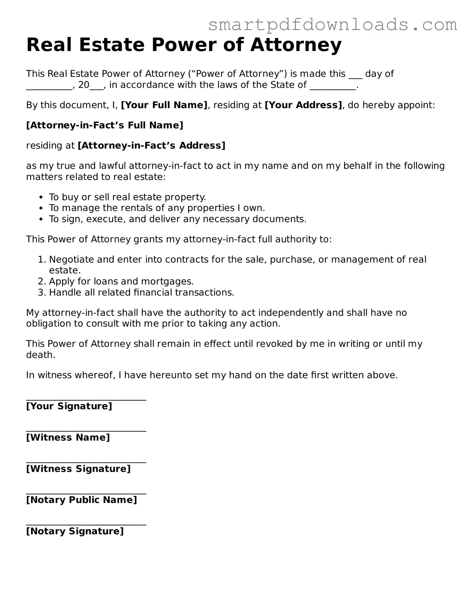 Free Real Estate Power of Attorney Form